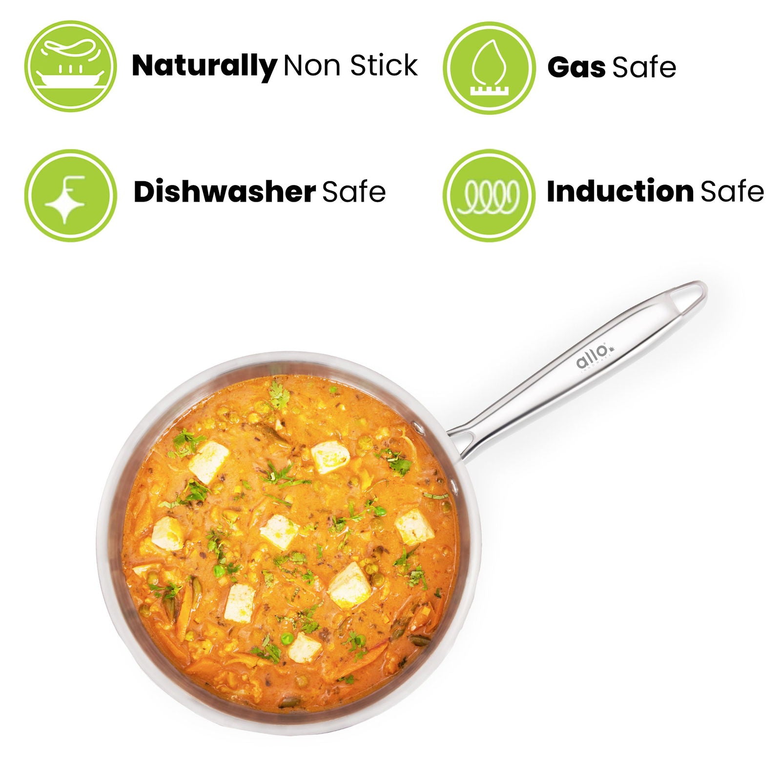 1.9L Allo CookSafe TriPly Sauté pan | Stainless Steel | With Stainless Steel Lid | Induction Friendly | Naturally Non-stick | 22cm - Allo Innoware