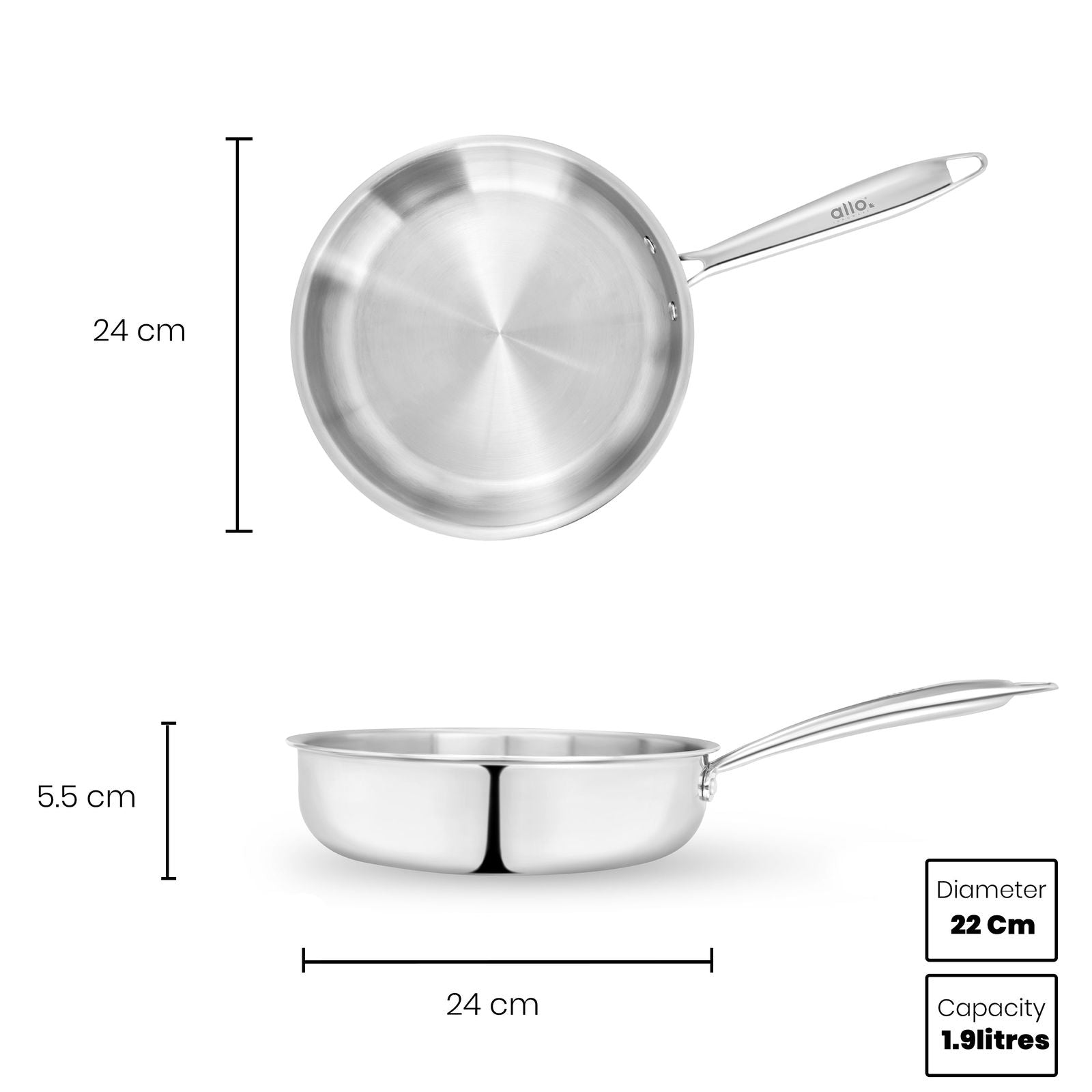 1.9L Allo CookSafe TriPly Sauté pan | Stainless Steel | With Stainless Steel Lid | Induction Friendly | Naturally Non-stick | 22cm - Allo Innoware