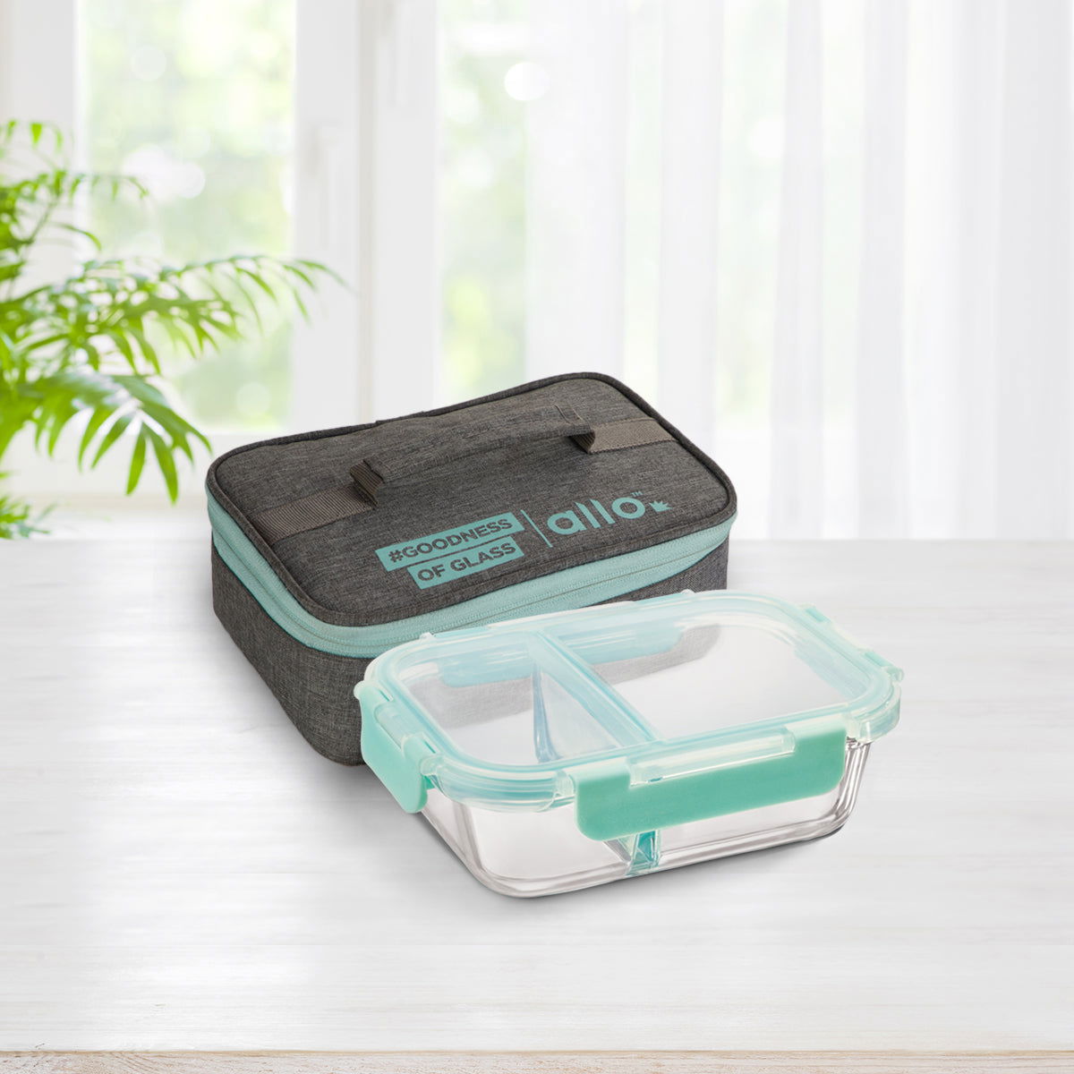1000ml Allo FoodSafe Microwave Oven Safe Glass Lunch box with Break Free Detachable Lock with Canvas Grey Bag Tiffin - Allo Innoware