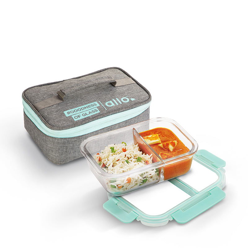 1000ml Allo FoodSafe Microwave Oven Safe Glass Lunch box with Break Free Detachable Lock with Canvas Grey Bag Tiffin - Allo Innoware