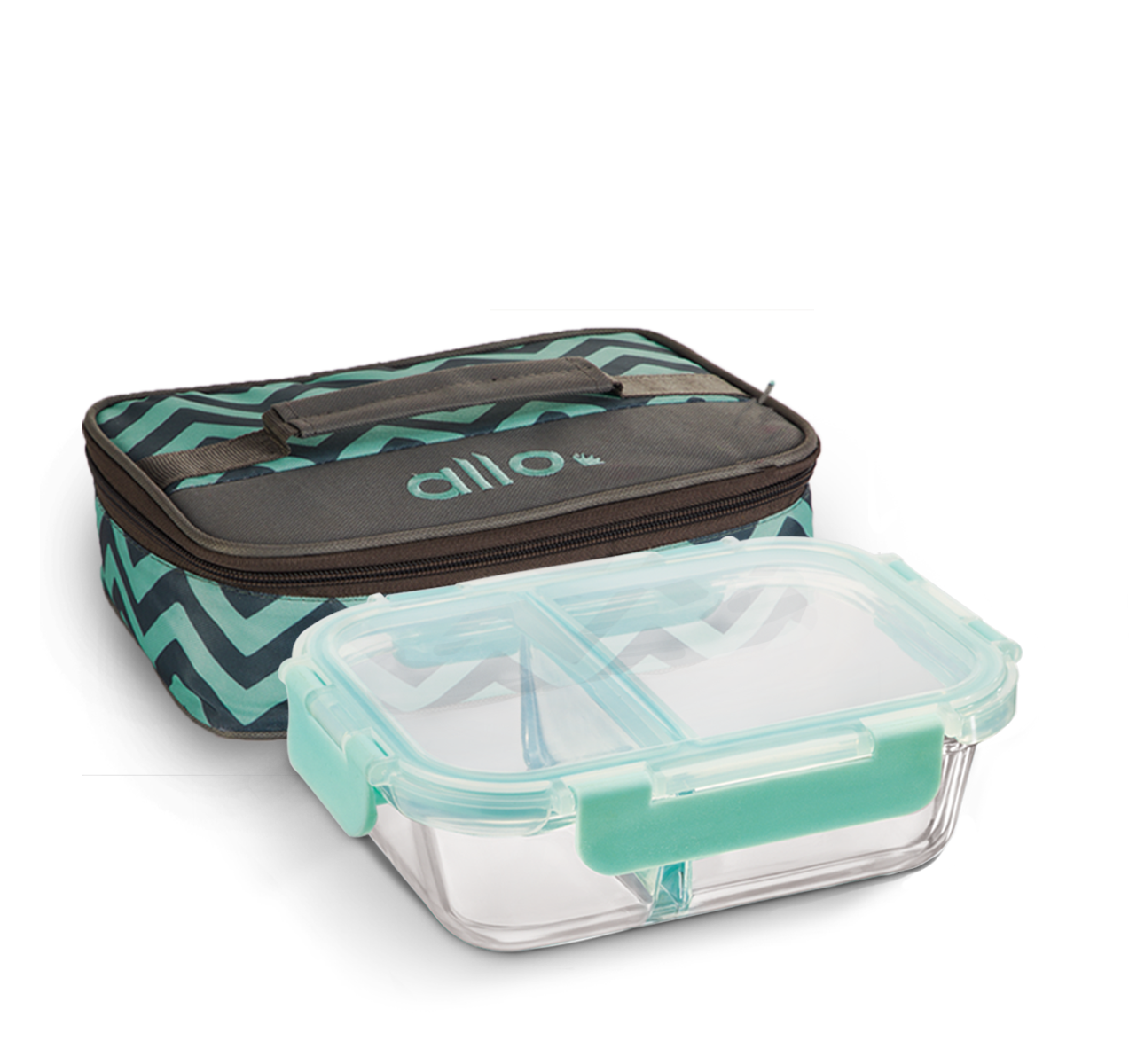1000ml Allo FoodSafe Microwave Oven Safe Glass Lunch box with Break Free Detachable Lock with Chevron Mint Bag Tiffin - Allo Innoware