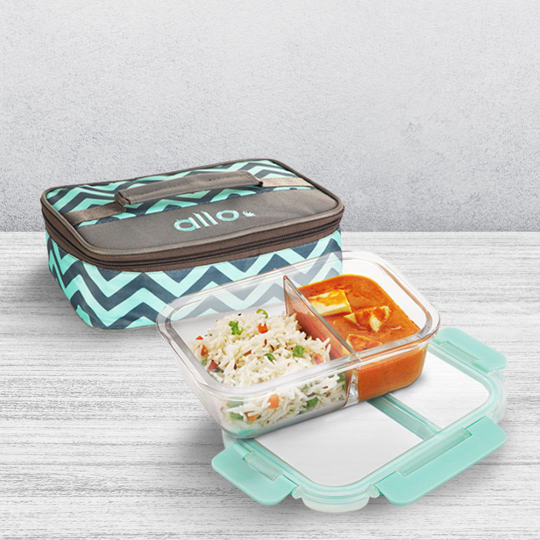1000ml Allo FoodSafe Microwave Oven Safe Glass Lunch box with Break Free Detachable Lock with Chevron Mint Bag Tiffin - Allo Innoware