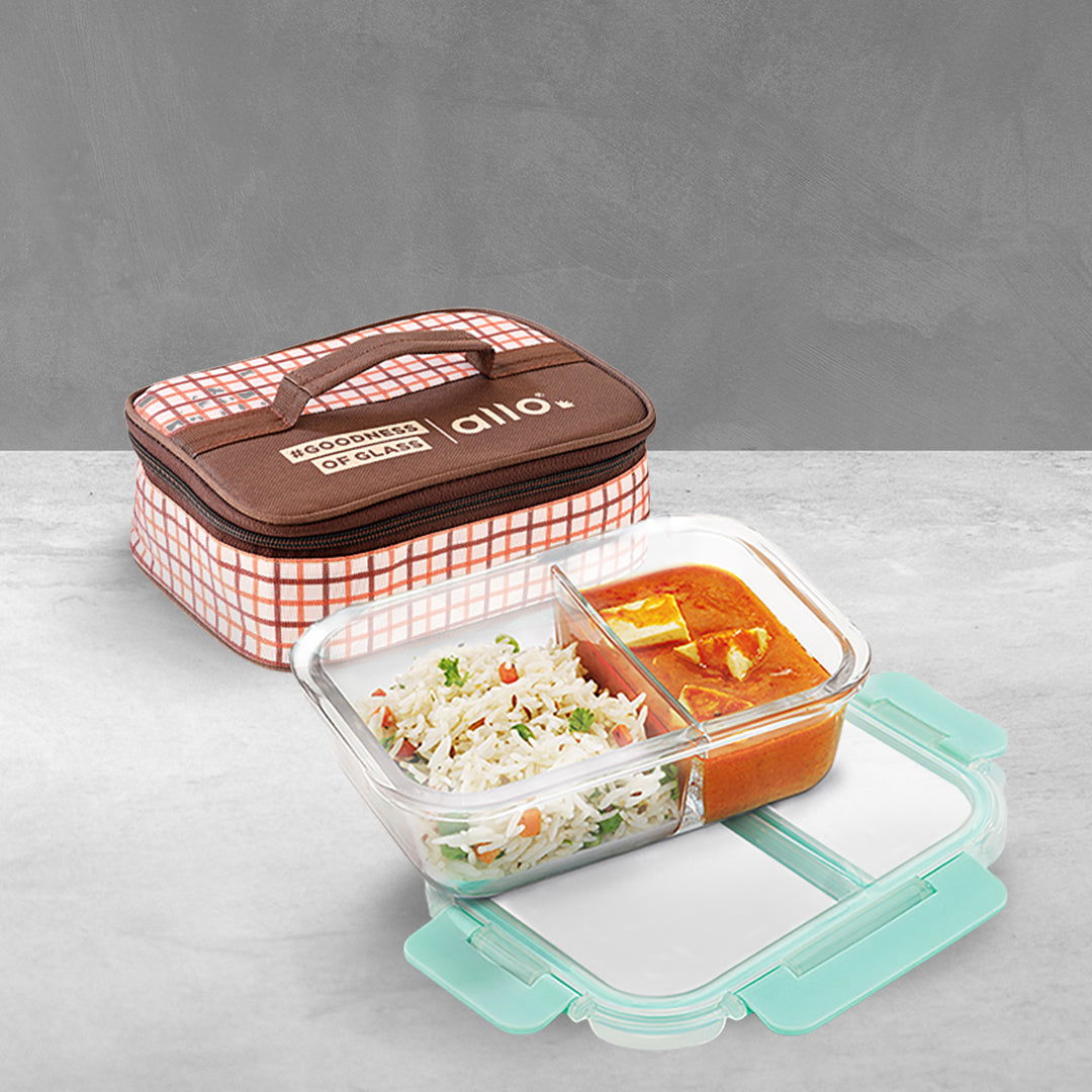1000ml Allo FoodSafe Microwave Oven Safe Glass Lunch box with Break Free Detachable Lock with Cocoa Brown Bag Tiffin - Allo Innoware