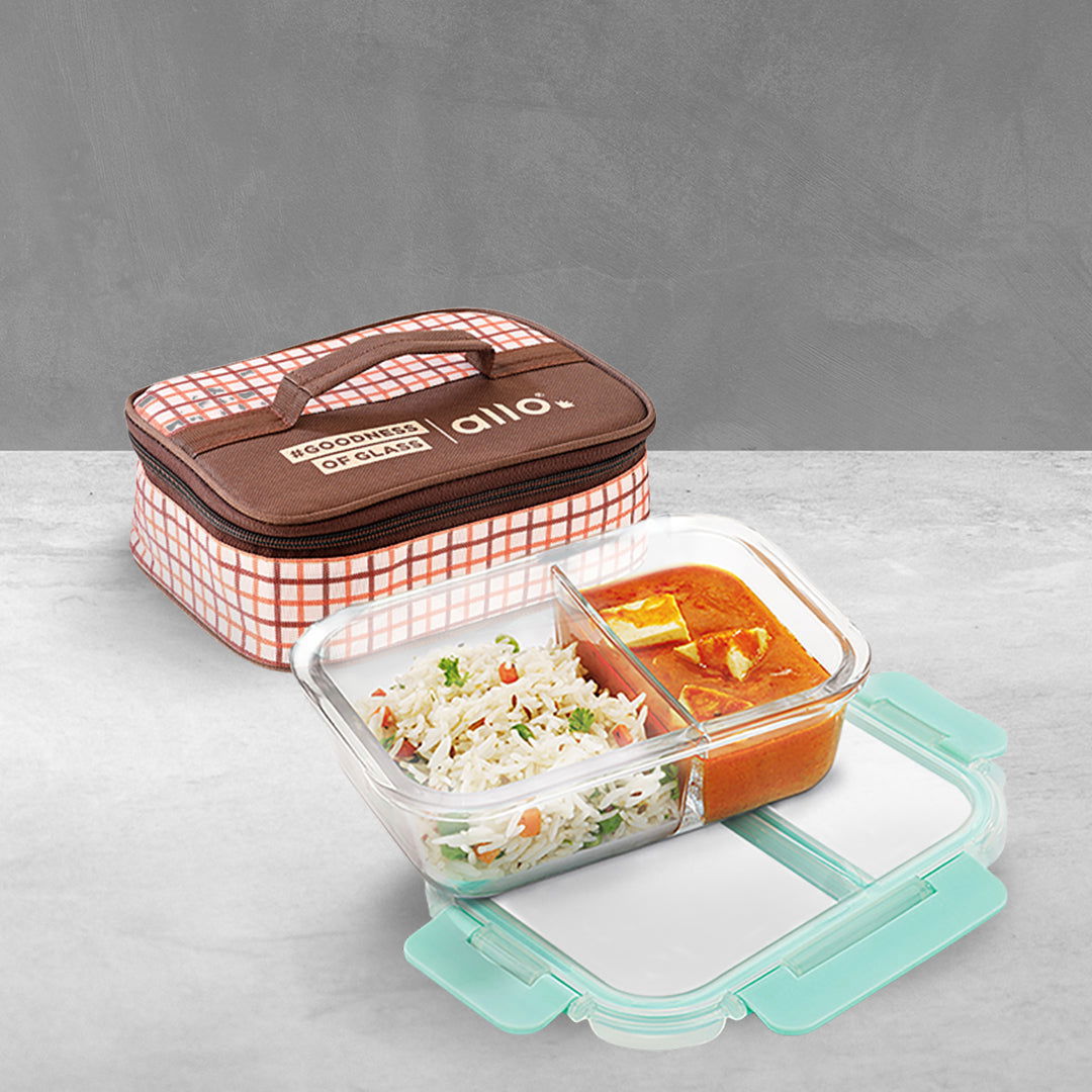 1000ml Allo FoodSafe Microwave Oven Safe Glass Lunch box with Break Free Detachable Lock with Cocoa Brown Bag Tiffin - Allo Innoware