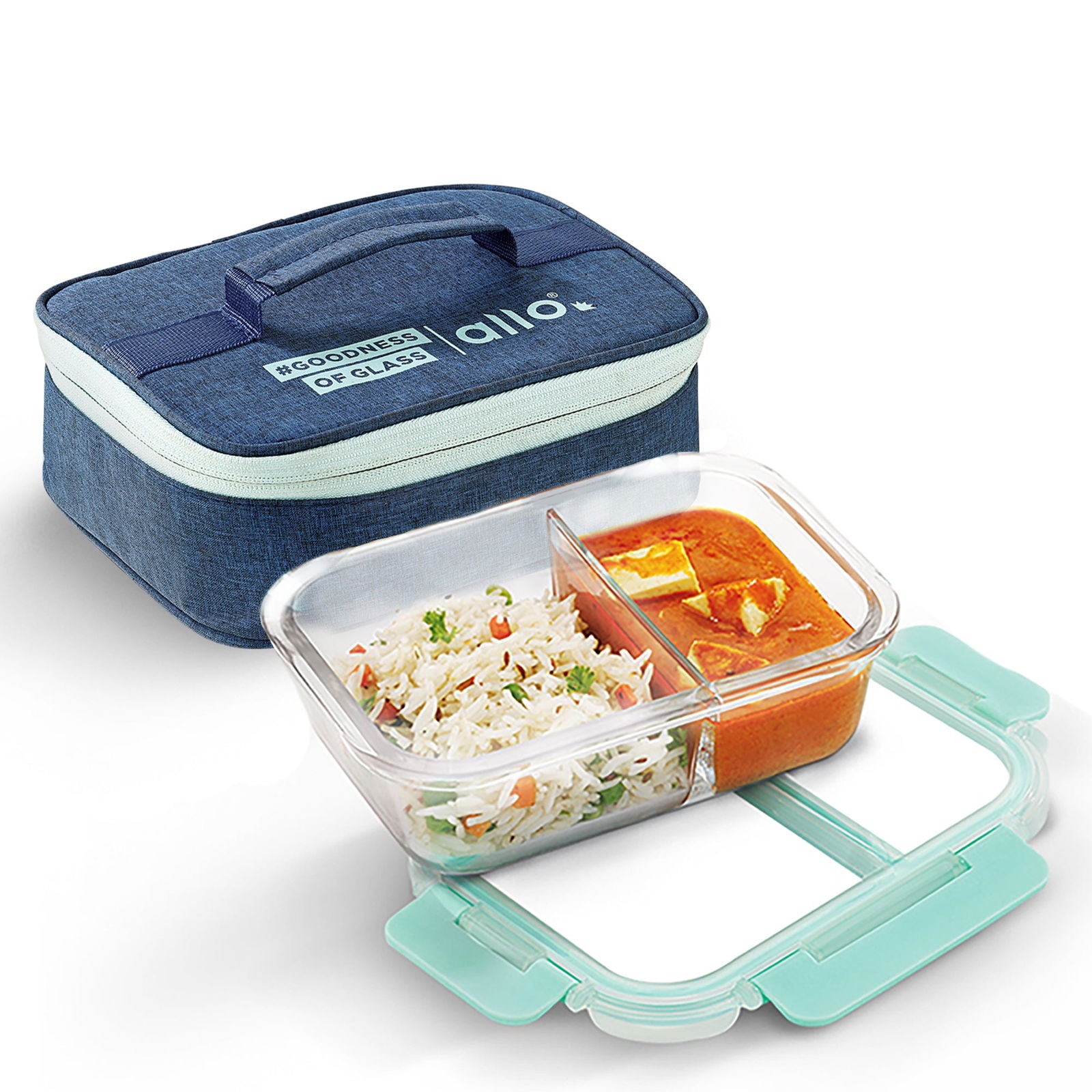1000ml Allo FoodSafe Microwave Oven Safe Glass Lunch box with Break Free Detachable Lock with Denim Blue Bag Tiffin - Allo Innoware