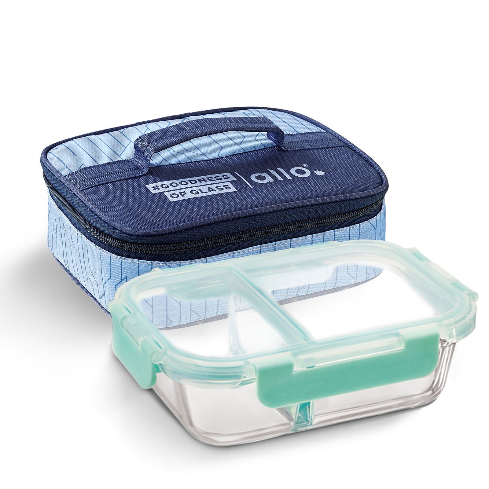 1000ml Allo FoodSafe Microwave Oven Safe Glass Lunch box with Break Free Detachable Lock with Space Blue Bag Tiffin - Allo Innoware