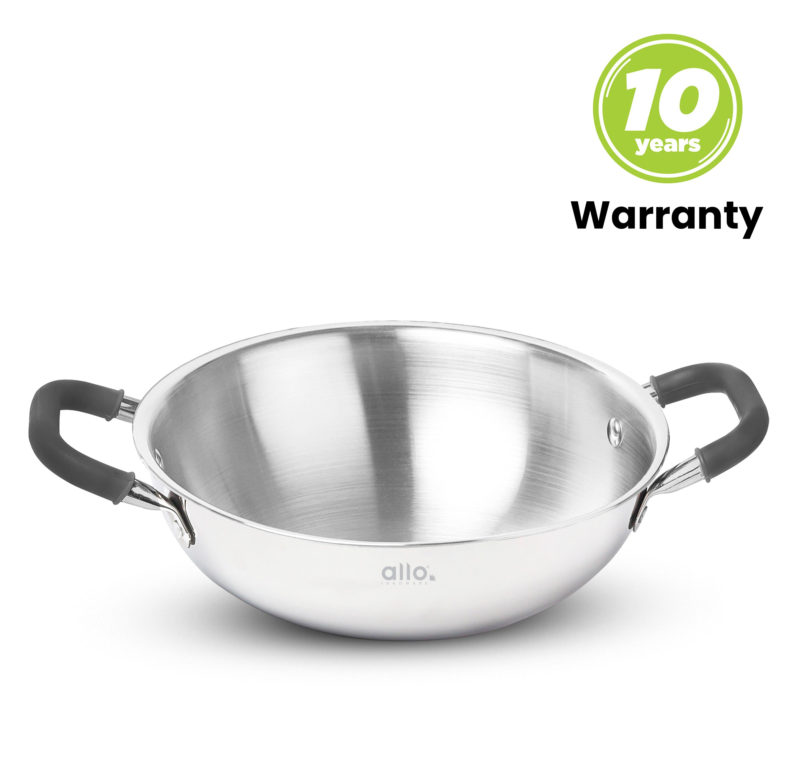 Allo Triply Stainless Steel Kadhai with Handles|Perfect Kadhai for Curry/Stir-Fry/Deep-Fry/DryVeg/Sauté Induction Friendly Naturally Non-Stick  | 10 Years Warranty, 20cm, 1.5 litres Without lid