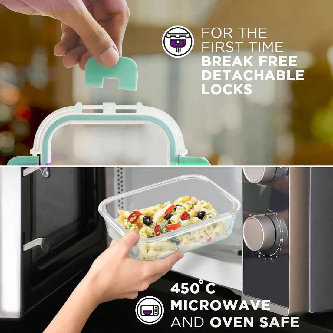 1520ml Allo FoodSafe Microwave Oven Safe Glass Container with Break Free Detachable Lock - Allo Innoware