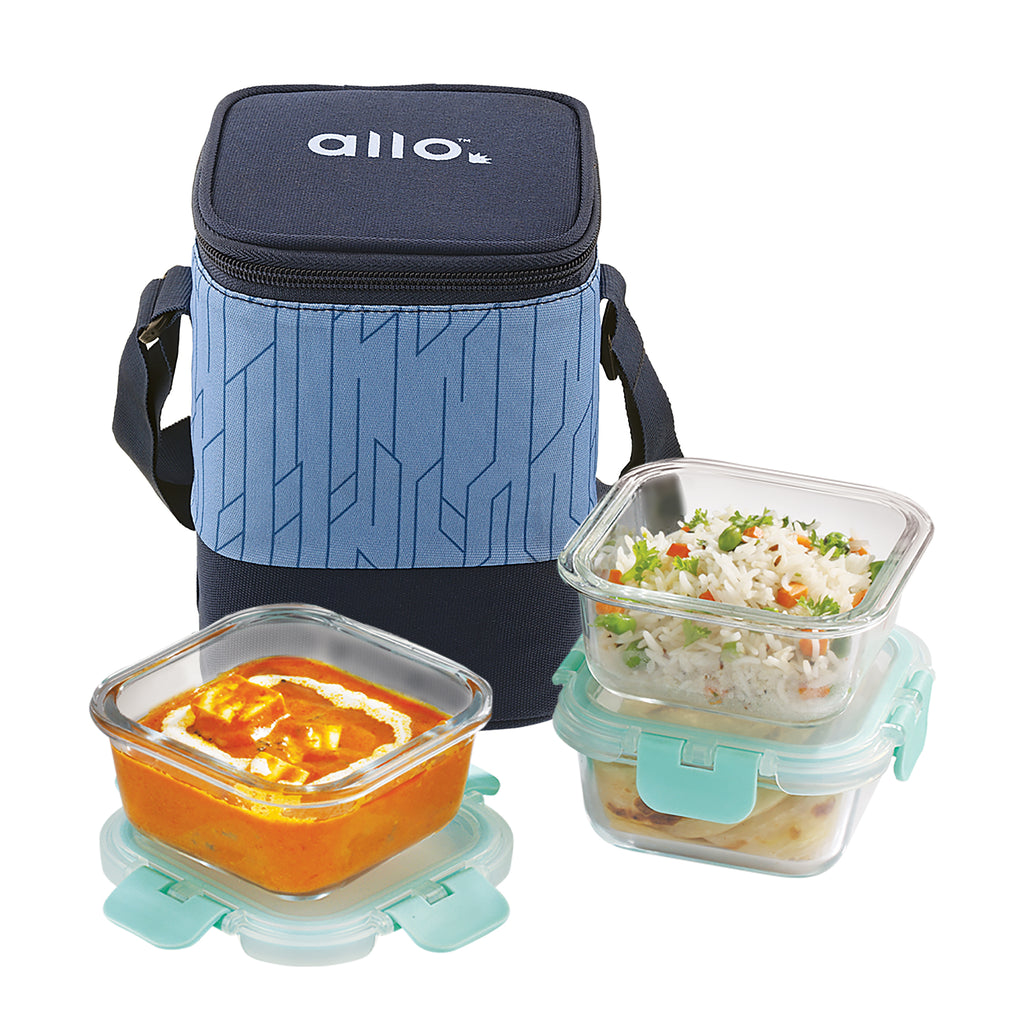 310ml x 3 Allo FoodSafe Microwave Oven Safe Glass Lunch box with Break Free Detachable Lock with Space Blue  Bag Tiffin
