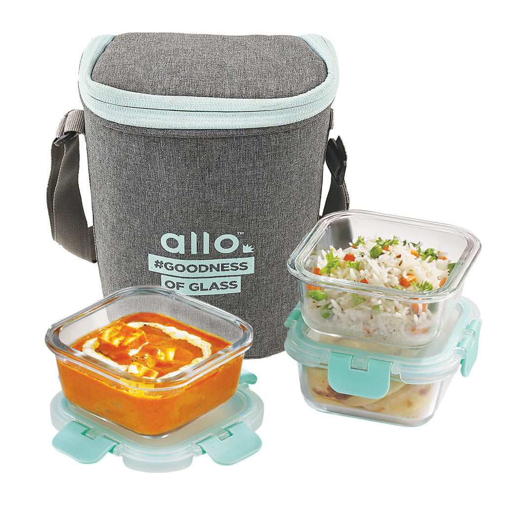310ml x 3 Allo FoodSafe Microwave Oven Safe Glass Lunch box with Break Free Detachable Lock with Denim Grey Bag Tiffin