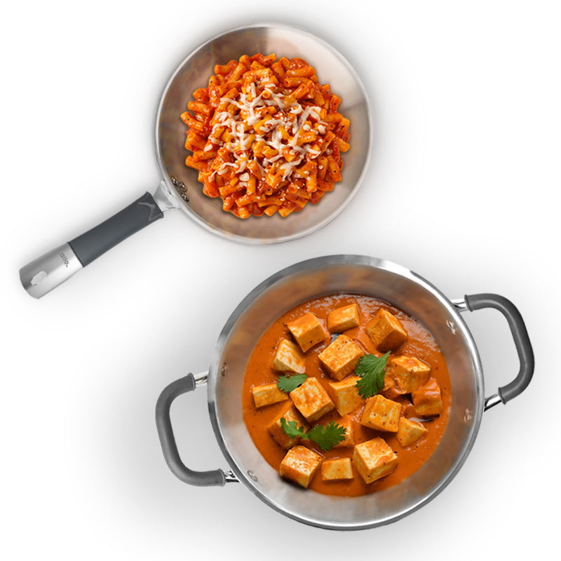 Allo CookSafe TriPly Stainless Steel Kadhai & Frypan 2pcs Combo Set of 2.7 Litres Kadhai with Lid and 1.5 litres Frypan without Lid - Induction Friendly - Naturally Non-Stick, 24Cm & 22Cm