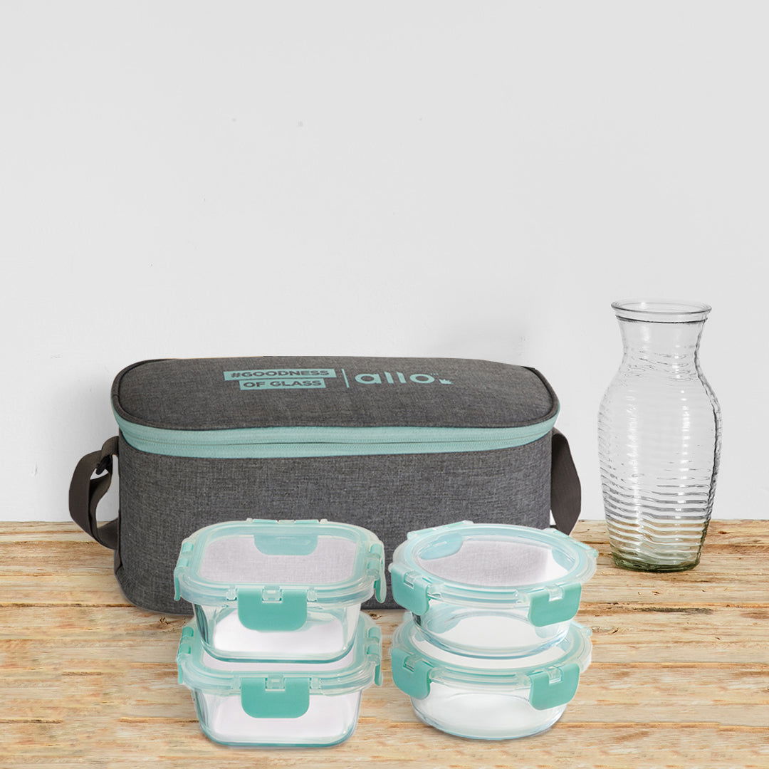 310 x 2, 390ml x 2 Allo FoodSafe Microwave Oven Safe Glass Lunch box with Break Free Detachable Lock with Canvas Grey Bag Tiffin - Allo Innoware