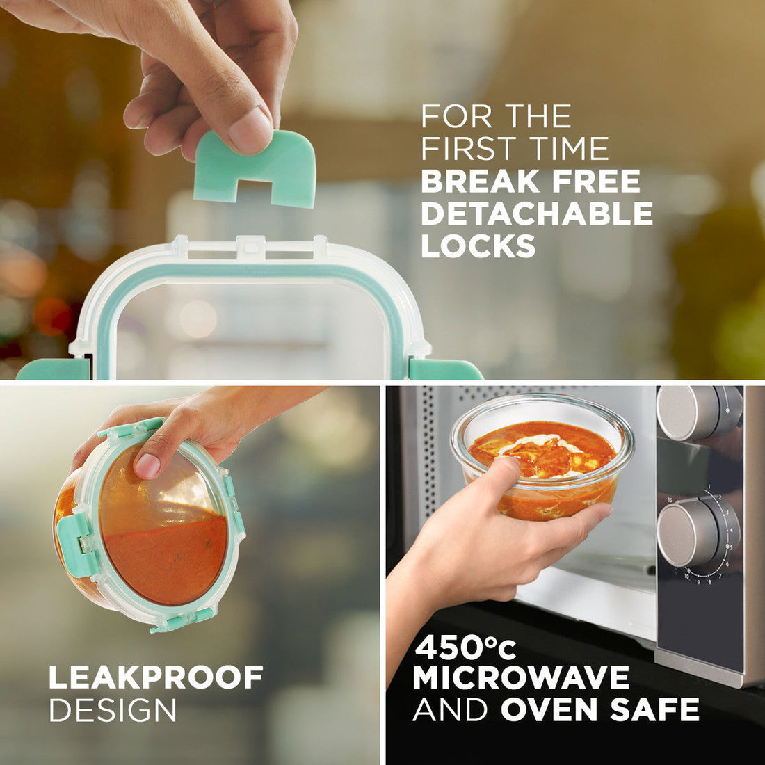 310 x 2, 390ml x 2 Allo FoodSafe Microwave Oven Safe Glass Lunch box with Break Free Detachable Lock with Canvas Grey Bag Tiffin - Allo Innoware