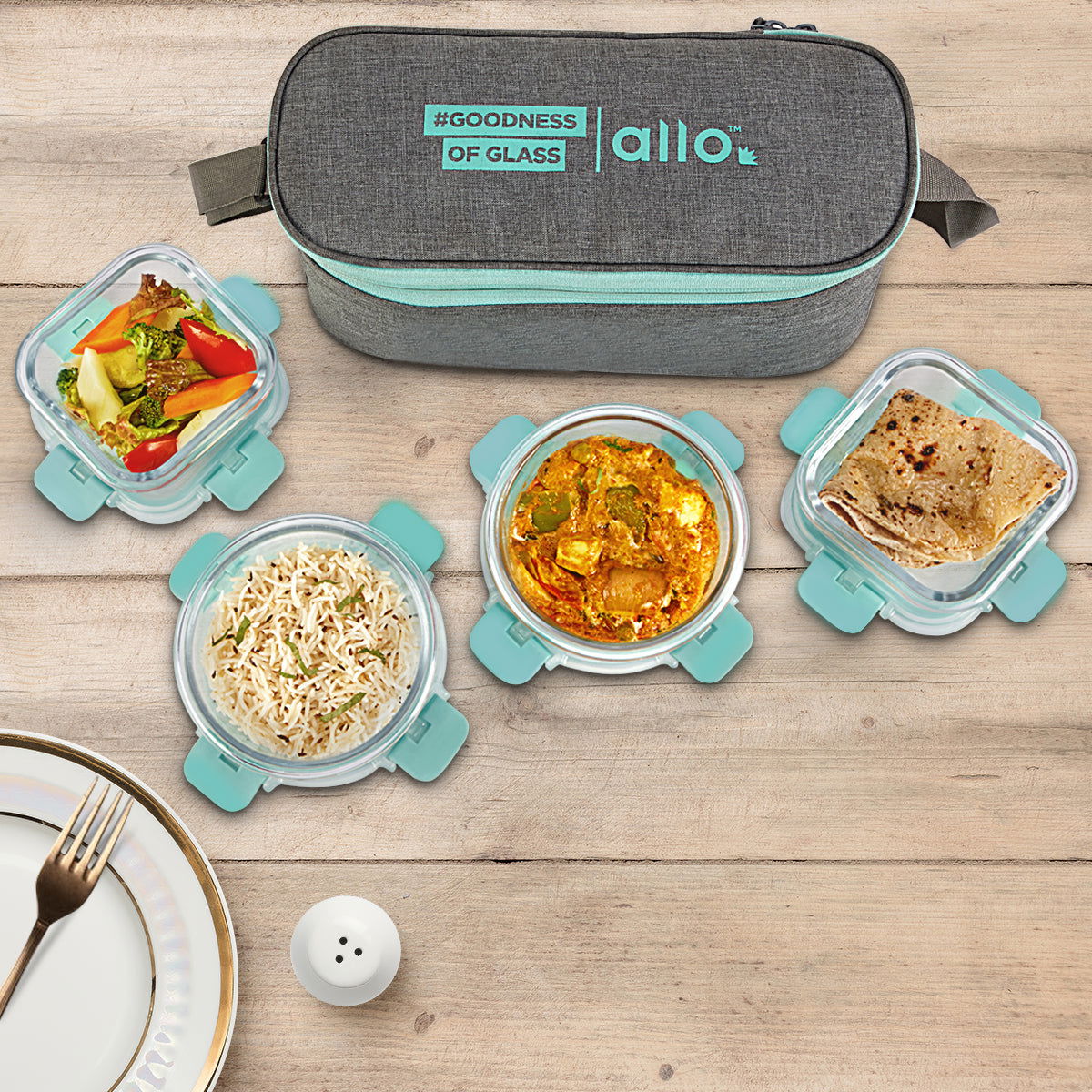310 x 2, 390ml x 2 Allo FoodSafe Microwave Oven Safe Glass Lunch box with Break Free Detachable Lock with Canvas Grey Bag Tiffin - Allo Innoware
