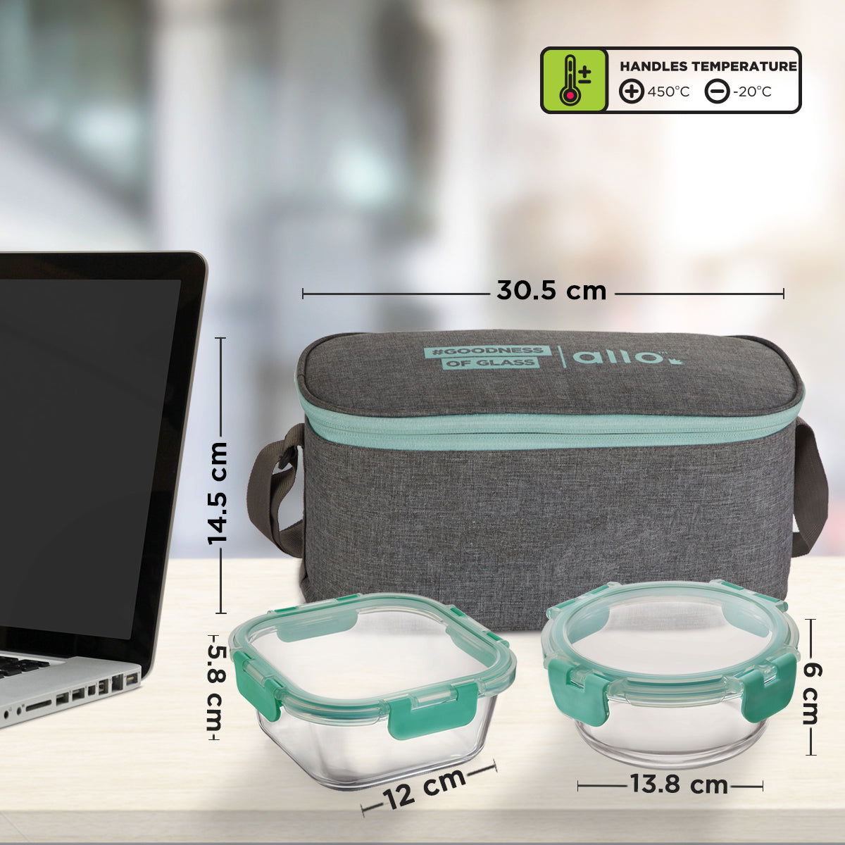 310 x 2, 390ml x 2 Allo FoodSafe Microwave Oven Safe Glass Lunch box with Break Free Detachable Lock with Canvas Grey Bag Tiffin - Allo Innoware