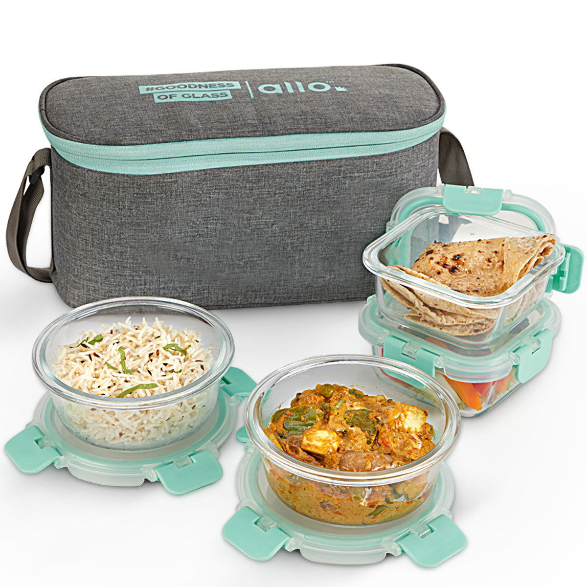 310 x 2, 390ml x 2 Allo FoodSafe Microwave Oven Safe Glass Lunch box with Break Free Detachable Lock with Canvas Grey Bag Tiffin - Allo Innoware