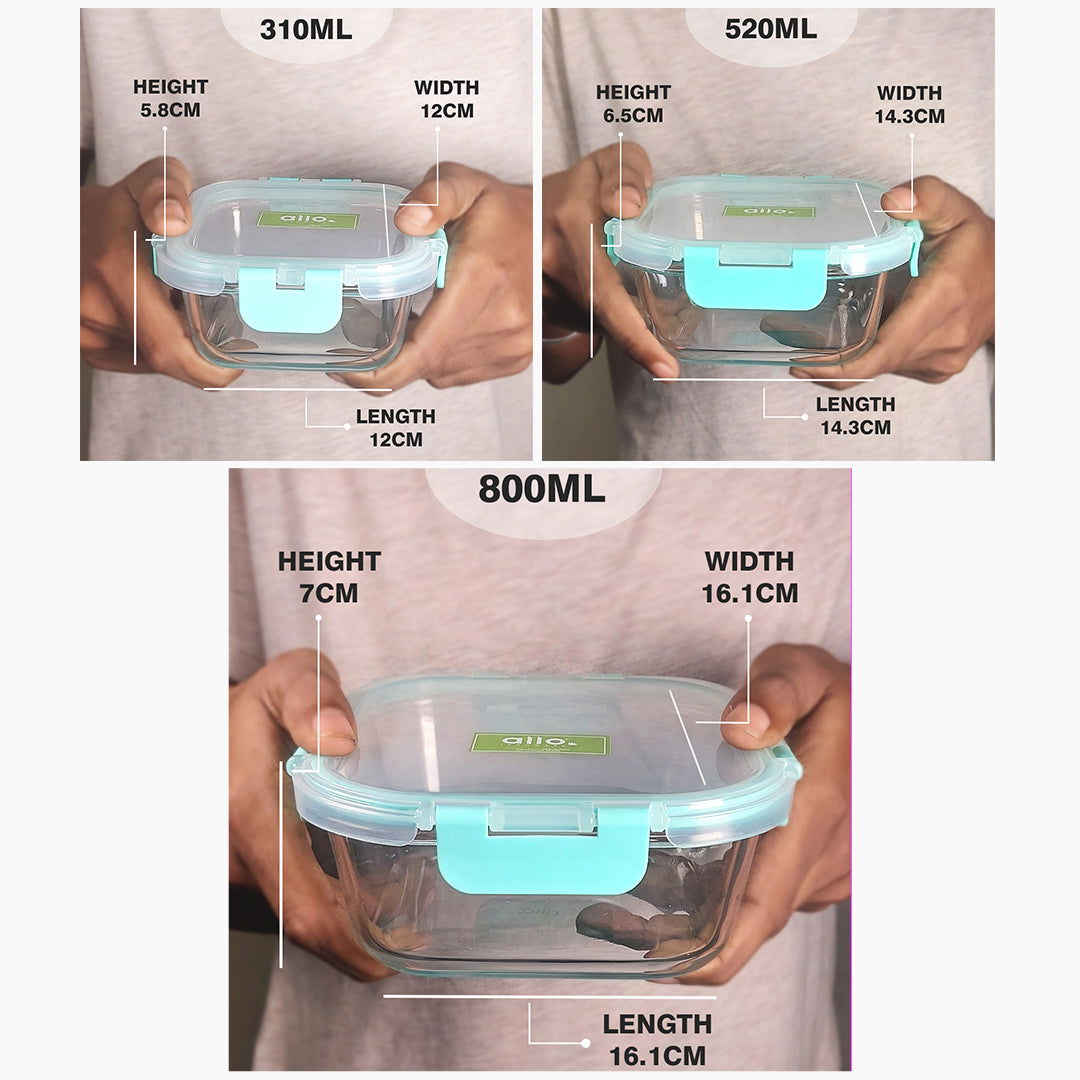 310ml, 520ml, 800ml Allo FoodSafe Microwave Oven Safe Glass Container with Break Free Detachable Lock - Allo Innoware
