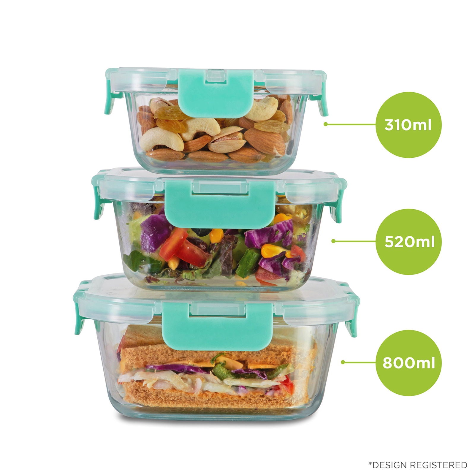 310ml, 520ml, 800ml Allo FoodSafe Microwave Oven Safe Glass Container with Break Free Detachable Lock - Allo Innoware