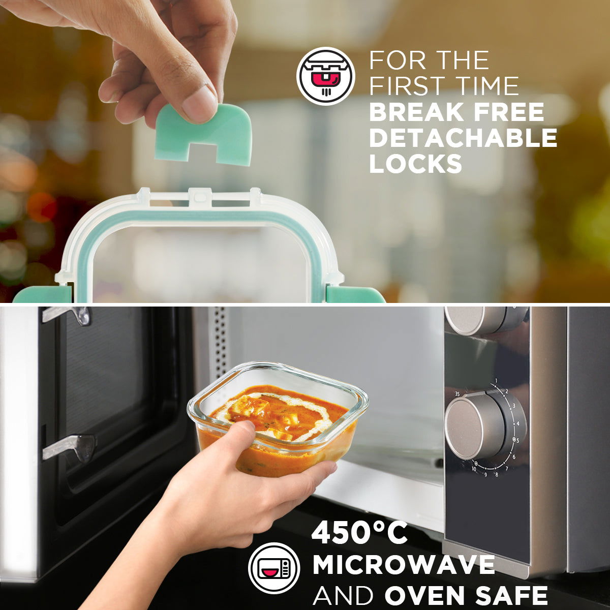 310ml X 4 Allo FoodSafe Microwave Oven Safe Glass Lunch box with Break Free Detachable Lock with Canvas Grey Bag Tiffin - Allo Innoware