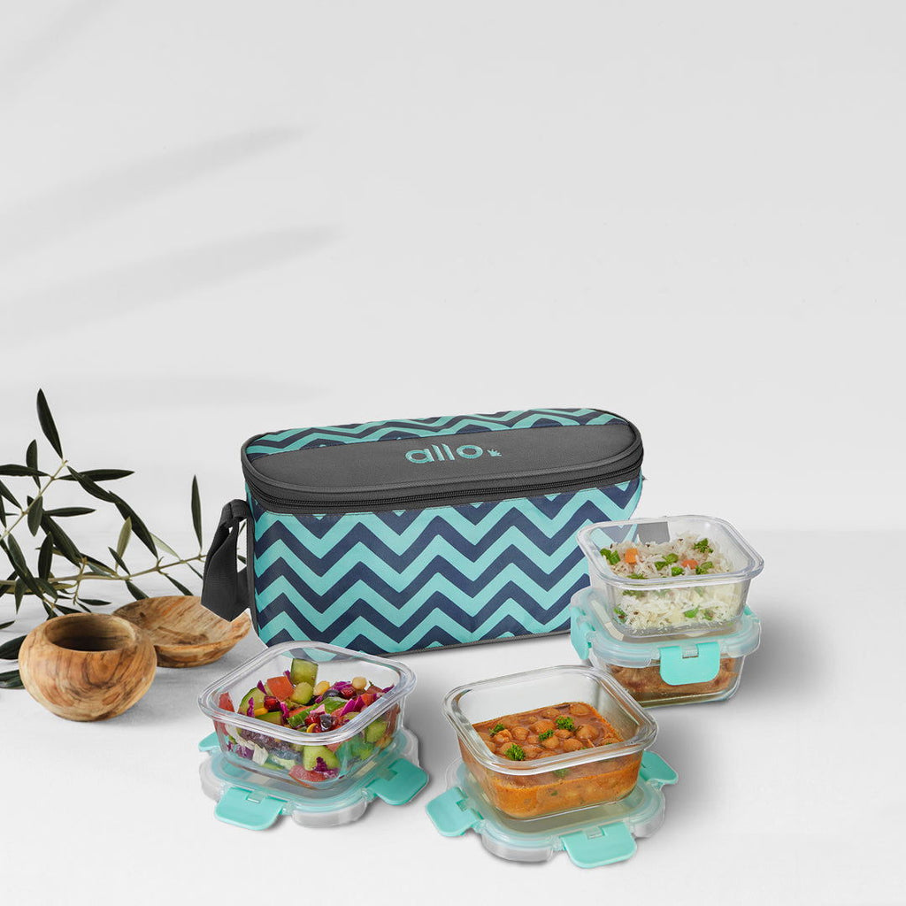310ml X 4 Allo FoodSafe Microwave Oven Safe Glass Lunch box with Break Free Detachable Lock with Chevron Mint Bag Tiffin - Allo Innoware