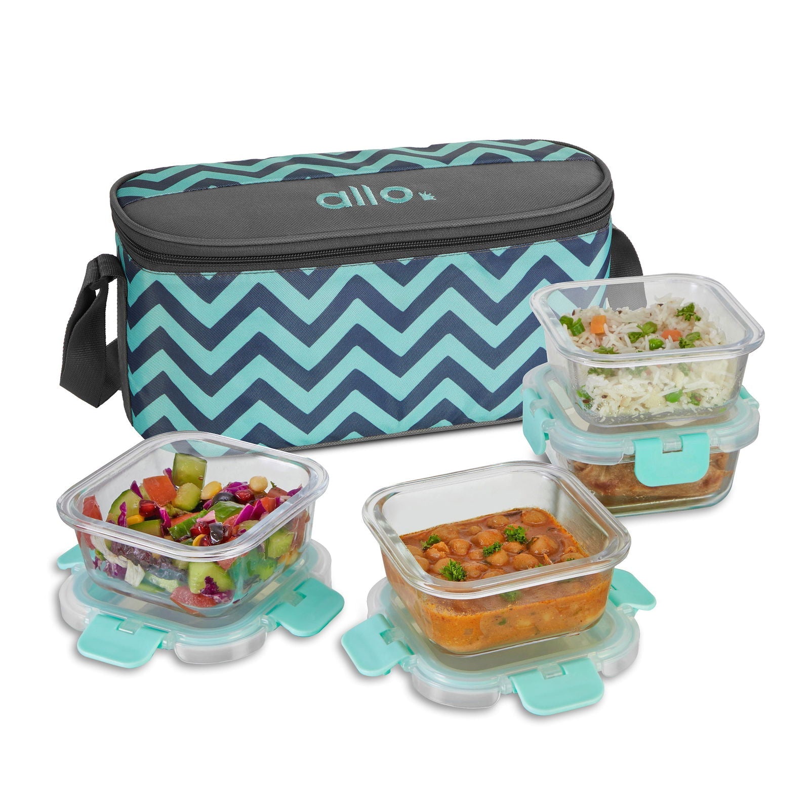 310ml X 4 Allo FoodSafe Microwave Oven Safe Glass Lunch box with Break Free Detachable Lock with Chevron Mint Bag Tiffin - Allo Innoware