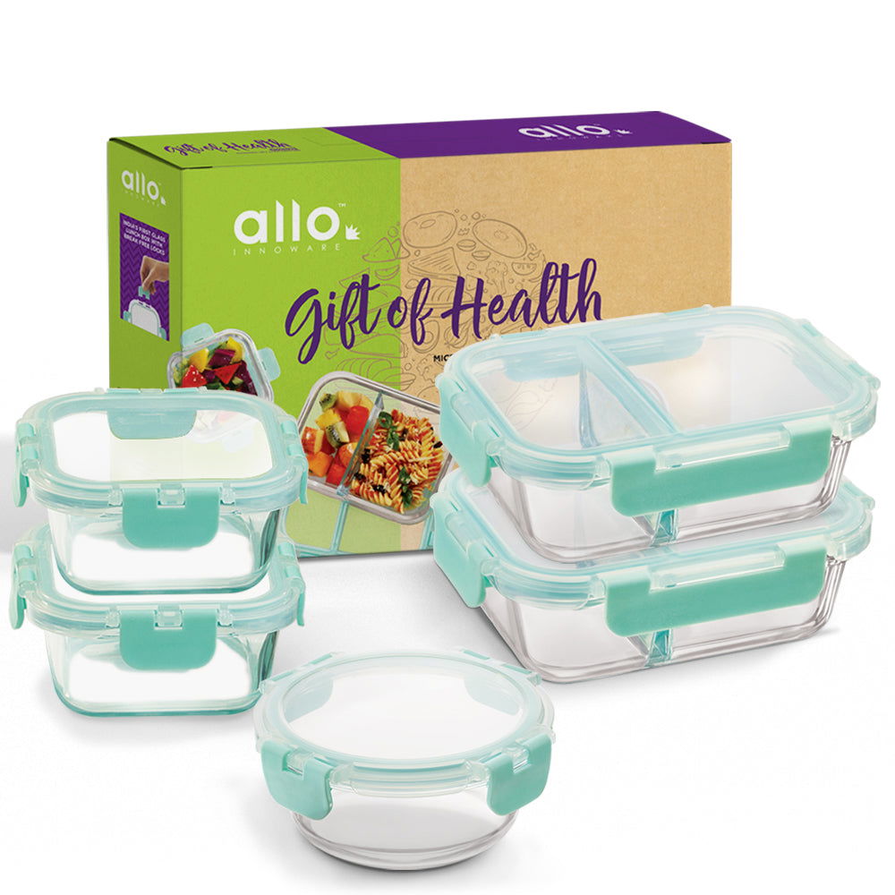 310ml x 2, 390ml x 2, 580ml x 2 Allo FoodSafe Microwave Oven Safe Glass Container Gift Box Combo 5pc with Break Free Detachable Lock - Allo Innoware
