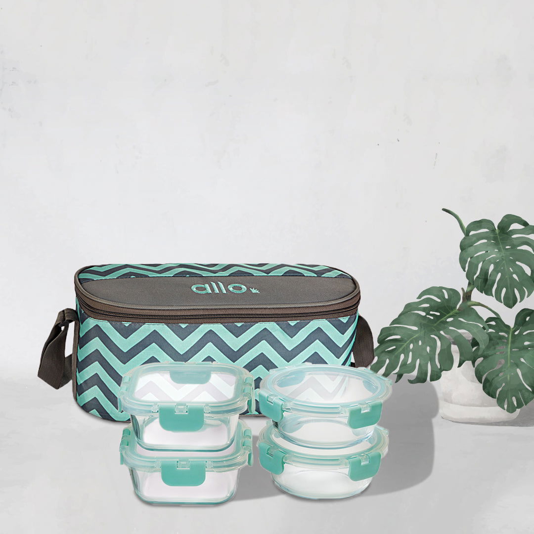 310ml x 2, 390ml x 2 Allo FoodSafe Microwave Oven Safe Glass Lunch box with Break Free Detachable Lock with Chevron Mint Bag Tiffin - Allo Innoware