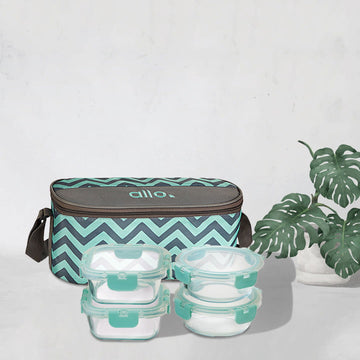 310ml x 2, 390ml x 2 Allo FoodSafe Microwave Oven Safe Glass Lunch box with Break Free Detachable Lock with Chevron Mint Bag Tiffin - Allo Innoware