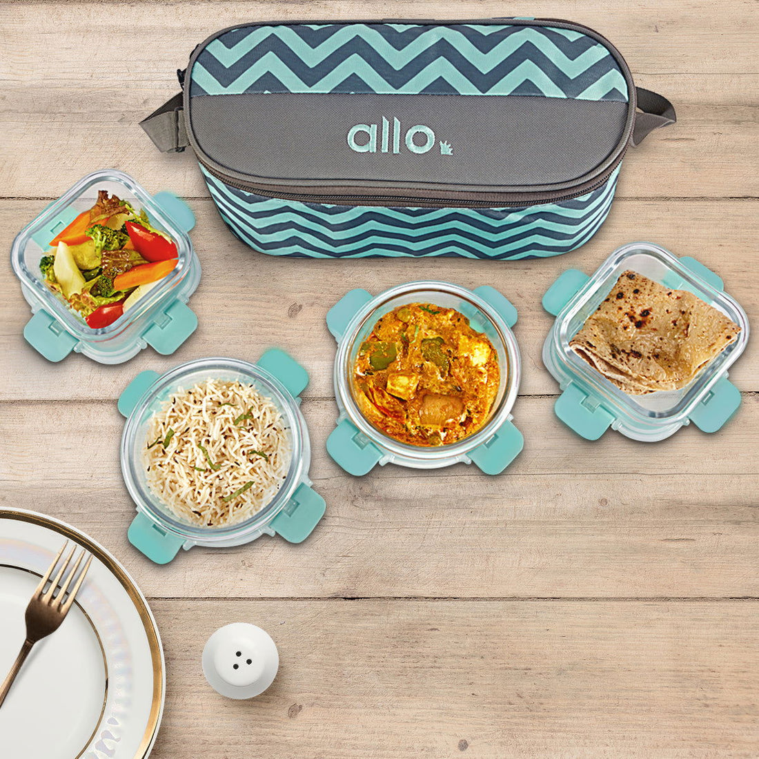 310ml x 2, 390ml x 2 Allo FoodSafe Microwave Oven Safe Glass Lunch box with Break Free Detachable Lock with Chevron Mint Bag Tiffin - Allo Innoware