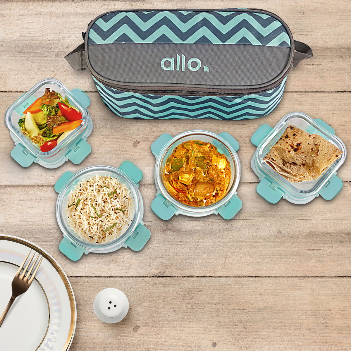 310ml x 2, 390ml x 2 Allo FoodSafe Microwave Oven Safe Glass Lunch box with Break Free Detachable Lock with Chevron Mint Bag Tiffin - Allo Innoware
