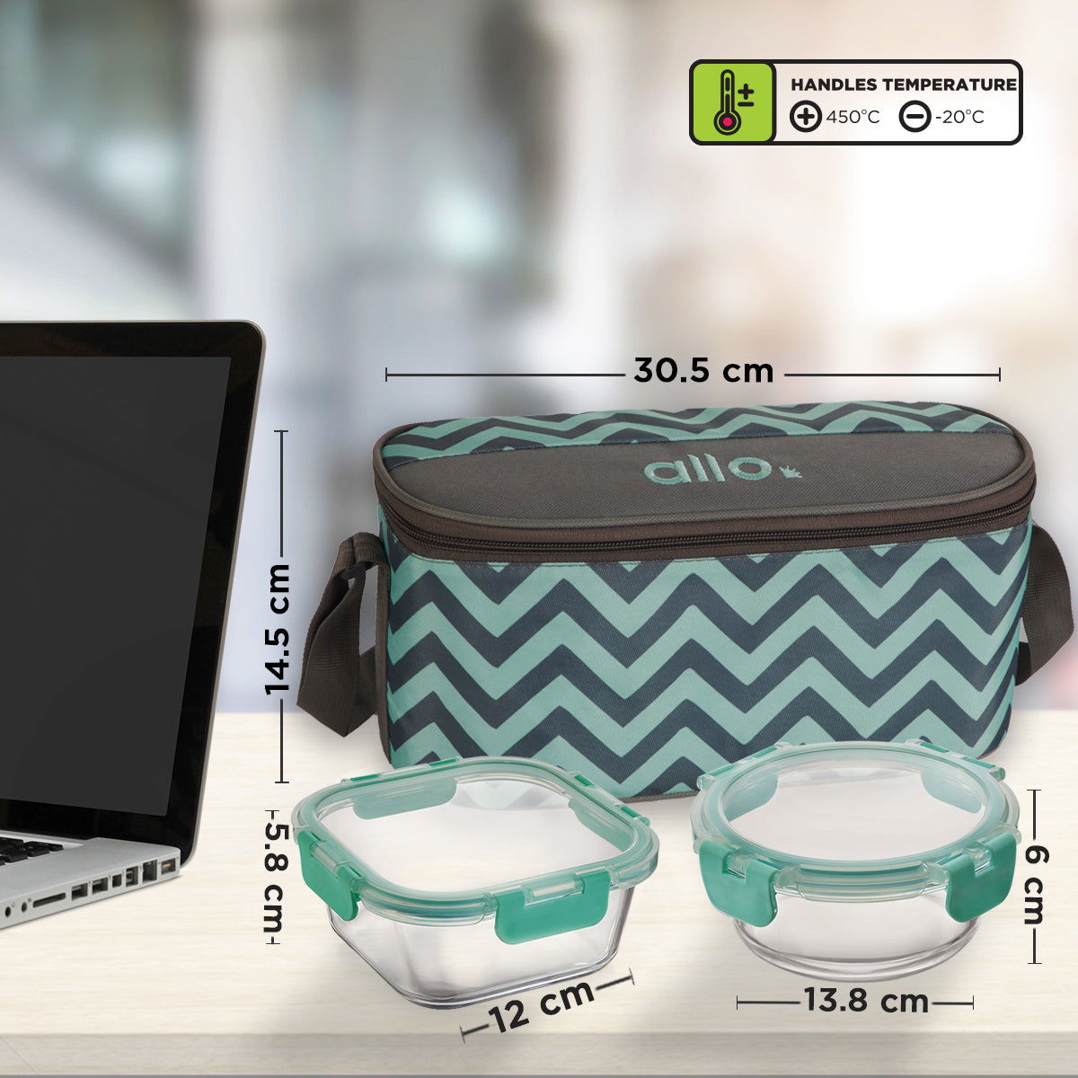 310ml x 2, 390ml x 2 Allo FoodSafe Microwave Oven Safe Glass Lunch box with Break Free Detachable Lock with Chevron Mint Bag Tiffin - Allo Innoware