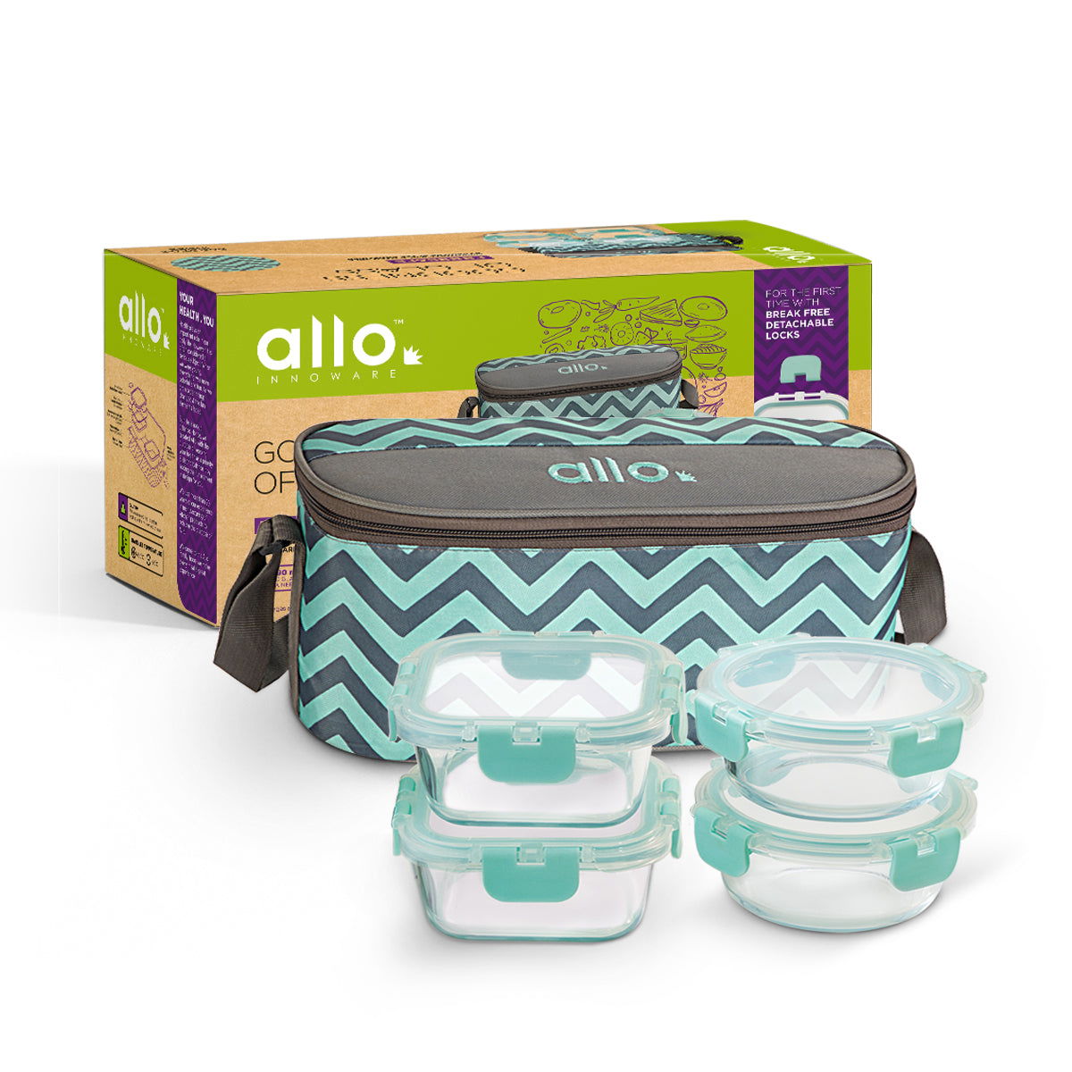 310ml x 2, 390ml x 2 Allo FoodSafe Microwave Oven Safe Glass Lunch box with Break Free Detachable Lock with Chevron Mint Bag Tiffin - Allo Innoware