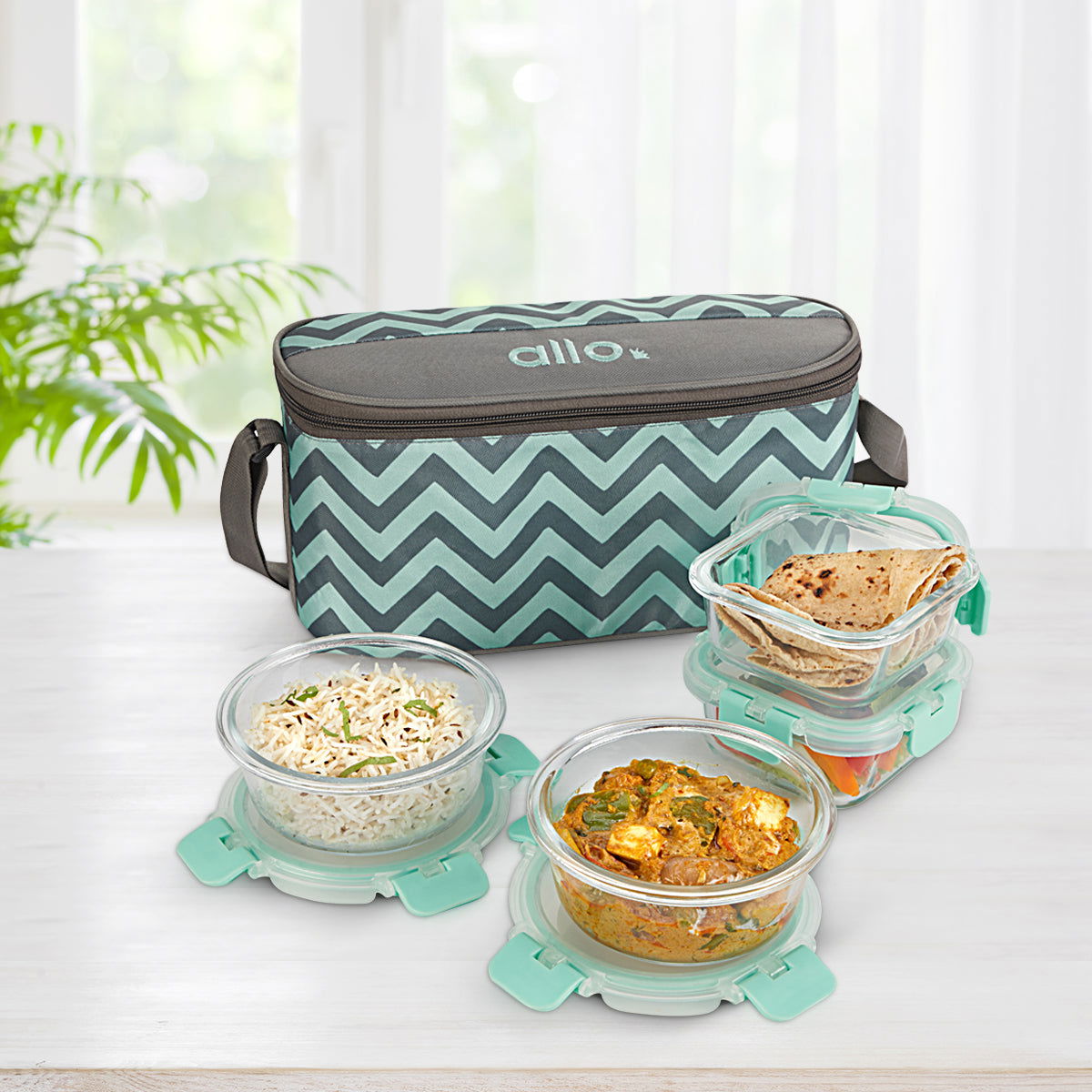 310ml x 2, 390ml x 2 Allo FoodSafe Microwave Oven Safe Glass Lunch box with Break Free Detachable Lock with Chevron Mint Bag Tiffin - Allo Innoware