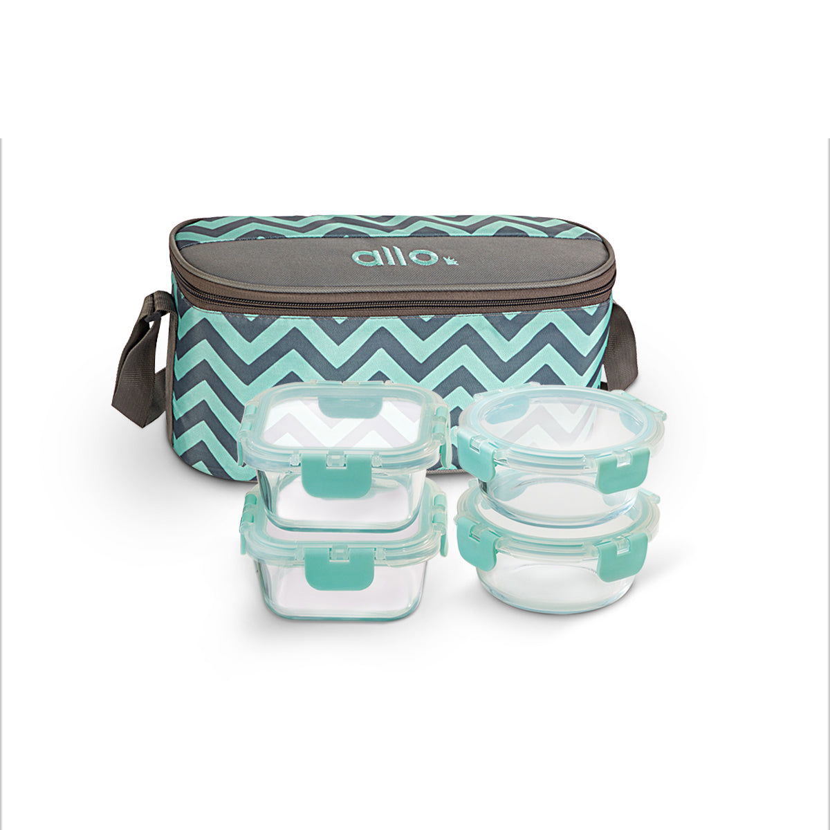 310ml x 2, 390ml x 2 Allo FoodSafe Microwave Oven Safe Glass Lunch box with Break Free Detachable Lock with Chevron Mint Bag Tiffin - Allo Innoware