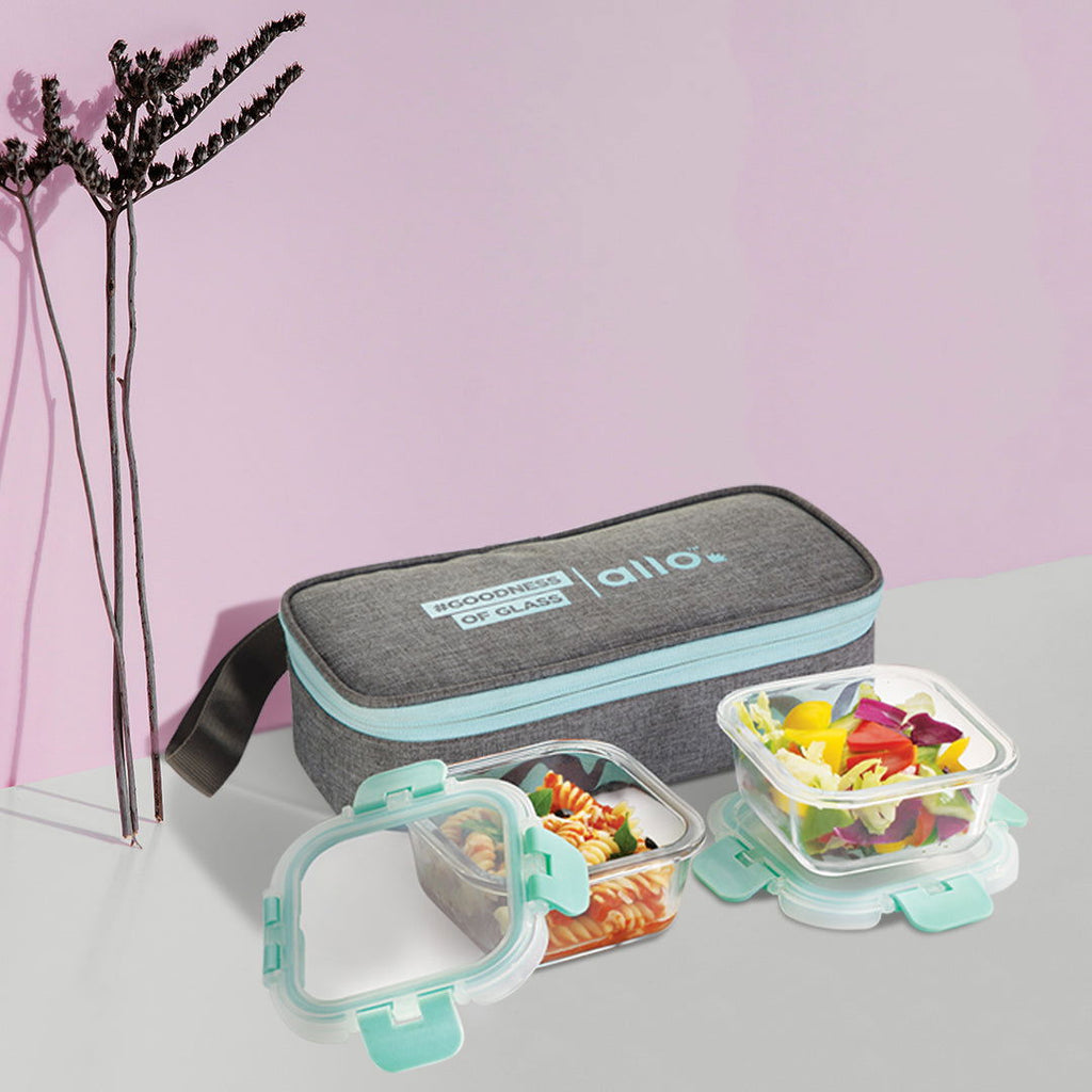 310ml x 2 Allo FoodSafe Microwave Oven Safe Glass Lunch box with Break Free Detachable Lock with Canvas Grey Bag Tiffin - Allo Innoware