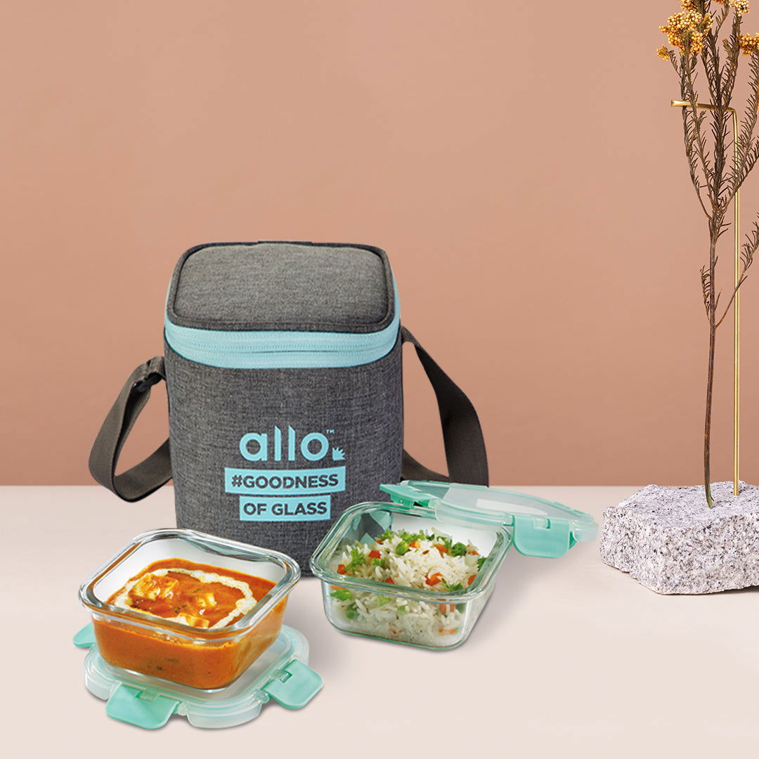 310ml x 2 Allo FoodSafe Microwave Oven Safe Glass Lunch box with Break Free Detachable Lock with Canvas Grey Bag Tiffin - Allo Innoware
