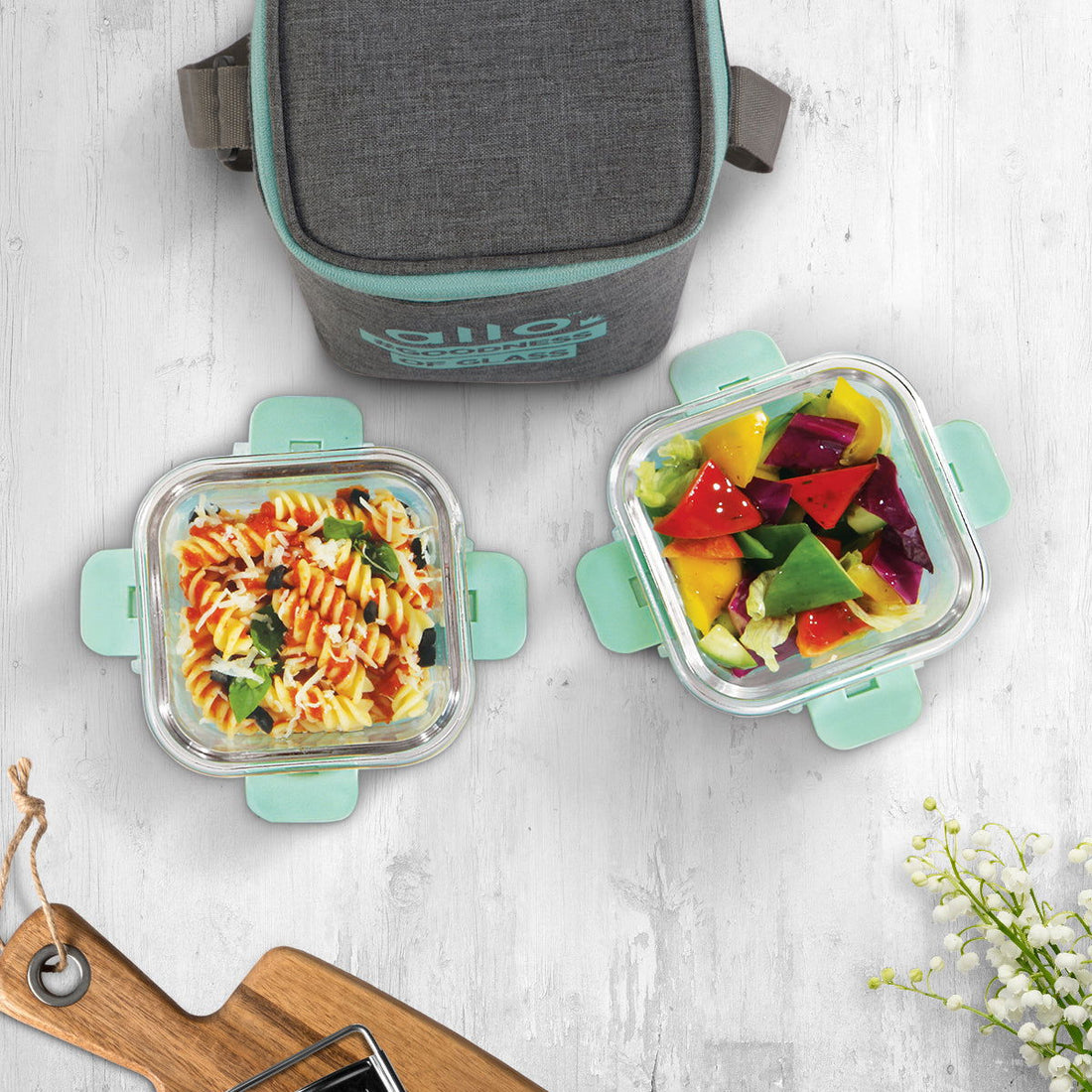 310ml x 2 Allo FoodSafe Microwave Oven Safe Glass Lunch box with Break Free Detachable Lock with Canvas Grey Bag Tiffin - Allo Innoware
