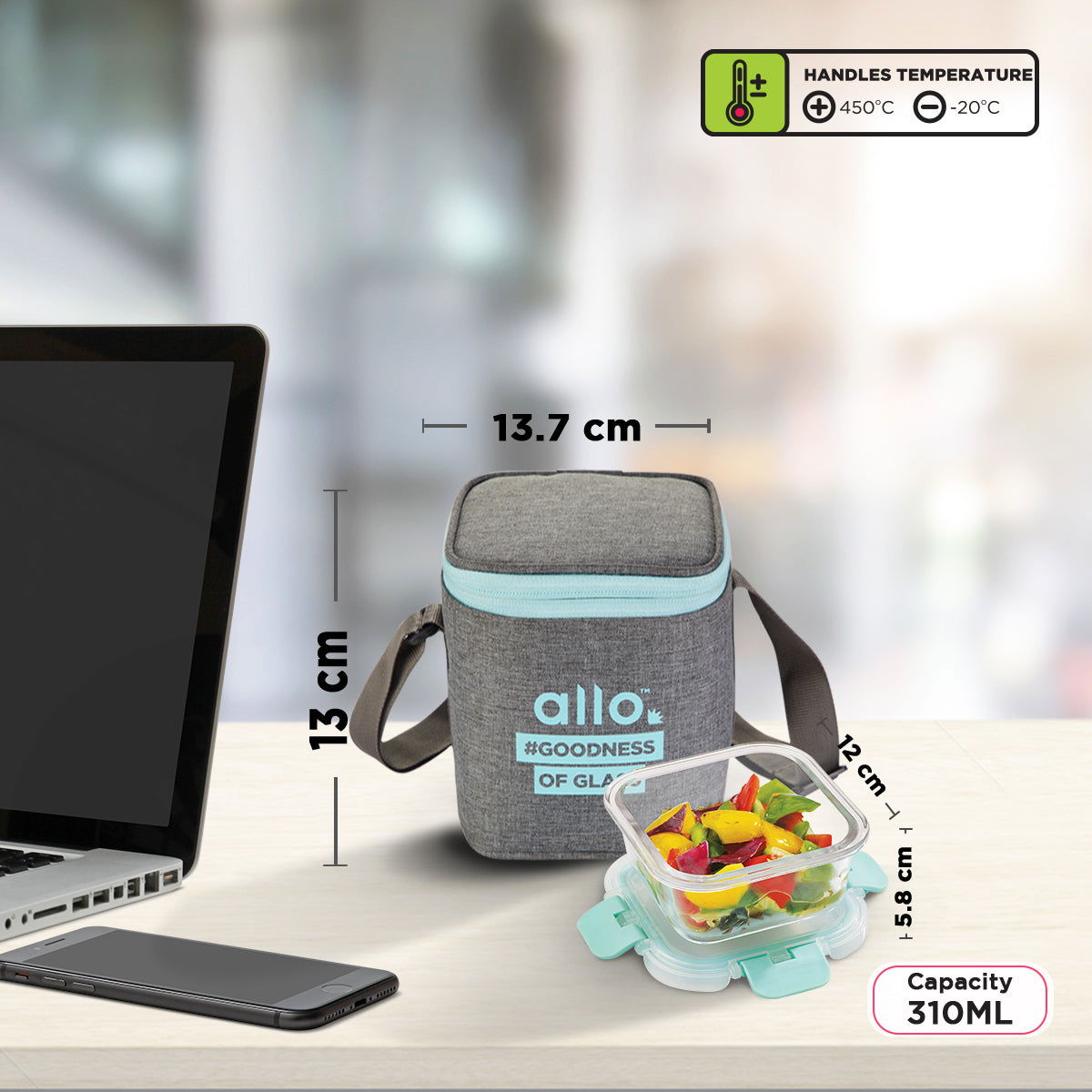 310ml x 2 Allo FoodSafe Microwave Oven Safe Glass Lunch box with Break Free Detachable Lock with Canvas Grey Bag Tiffin - Allo Innoware