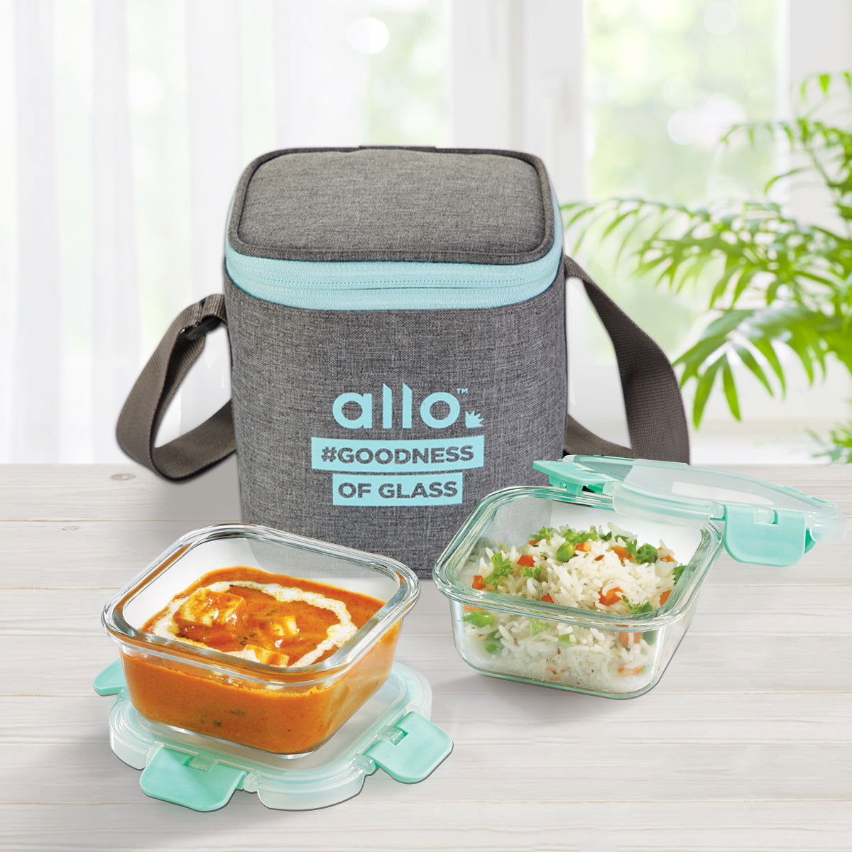 310ml x 2 Allo FoodSafe Microwave Oven Safe Glass Lunch box with Break Free Detachable Lock with Canvas Grey Bag Tiffin - Allo Innoware