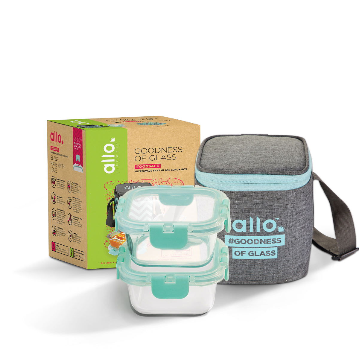 310ml x 2 Allo FoodSafe Microwave Oven Safe Glass Lunch box with Break Free Detachable Lock with Canvas Grey Bag Tiffin - Allo Innoware