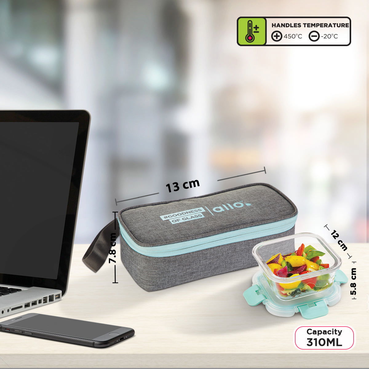 310ml x 2 Allo FoodSafe Microwave Oven Safe Glass Lunch box with Break Free Detachable Lock with Canvas Grey Bag Tiffin - Allo Innoware
