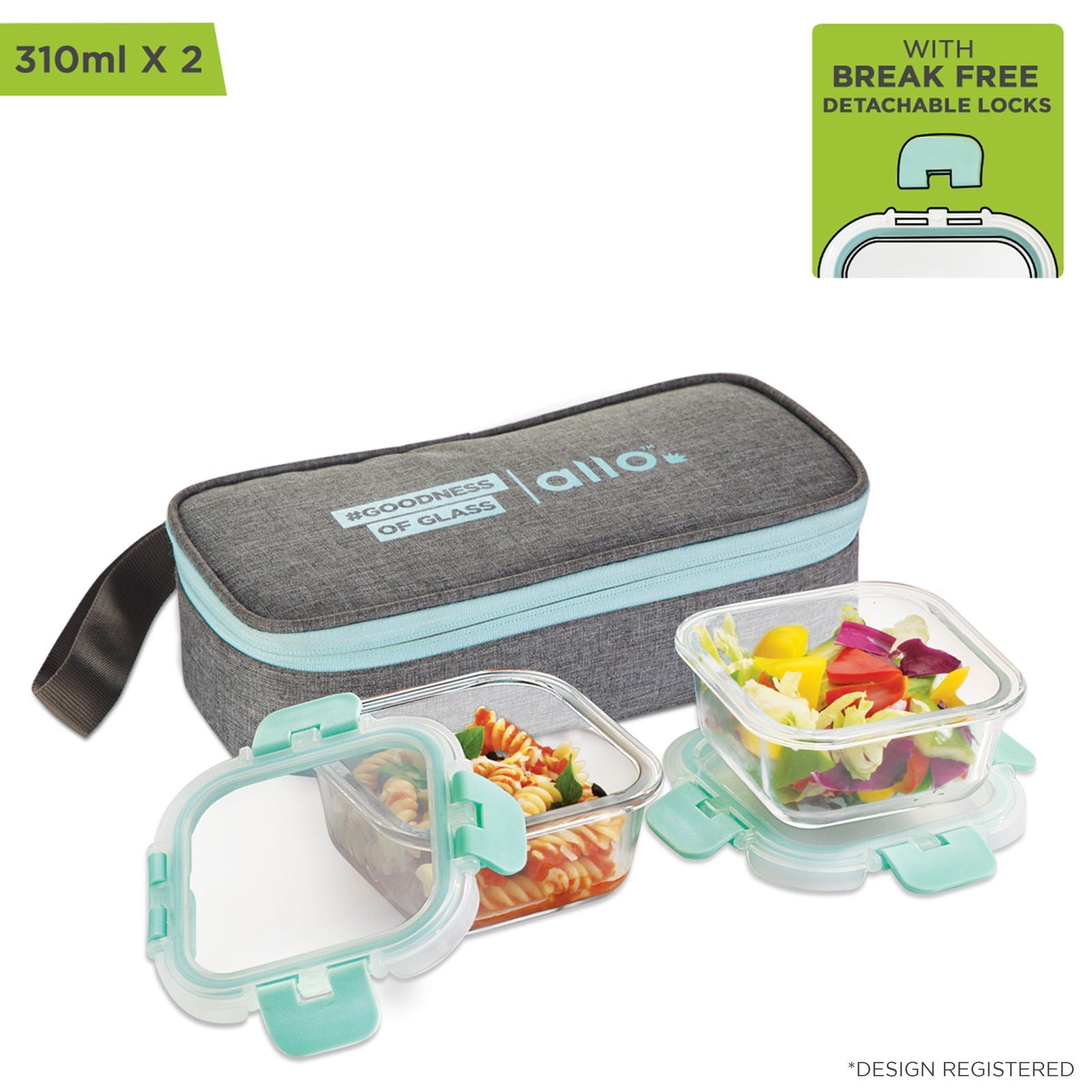 310ml x 2 Allo FoodSafe Microwave Oven Safe Glass Lunch box with Break Free Detachable Lock with Canvas Grey Bag Tiffin - Allo Innoware