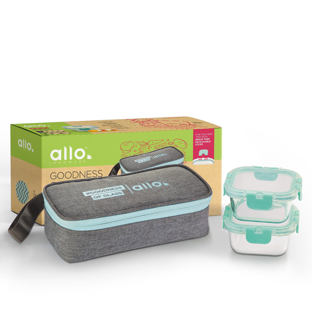 310ml x 2 Allo FoodSafe Microwave Oven Safe Glass Lunch box with Break Free Detachable Lock with Canvas Grey Bag Tiffin - Allo Innoware