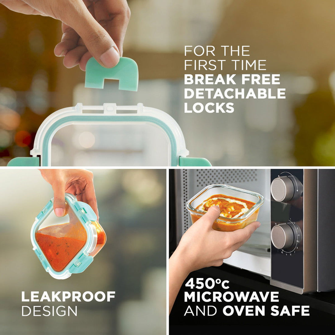 310ml x 2 Allo FoodSafe Microwave Oven Safe Glass Lunch box with Break Free Detachable Lock with Chevron Mint Bag Tiffin - Allo Innoware