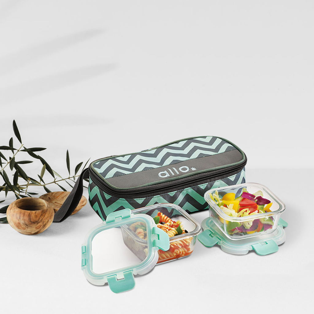 310ml x 2 Allo FoodSafe Microwave Oven Safe Glass Lunch box with Break Free Detachable Lock with Chevron Mint Bag Tiffin - Allo Innoware