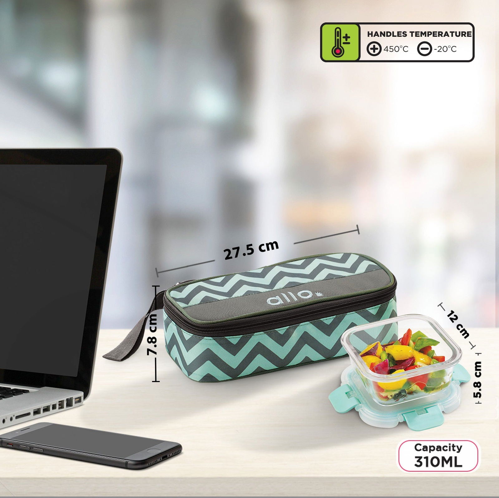 310ml x 2 Allo FoodSafe Microwave Oven Safe Glass Lunch box with Break Free Detachable Lock with Chevron Mint Bag Tiffin - Allo Innoware