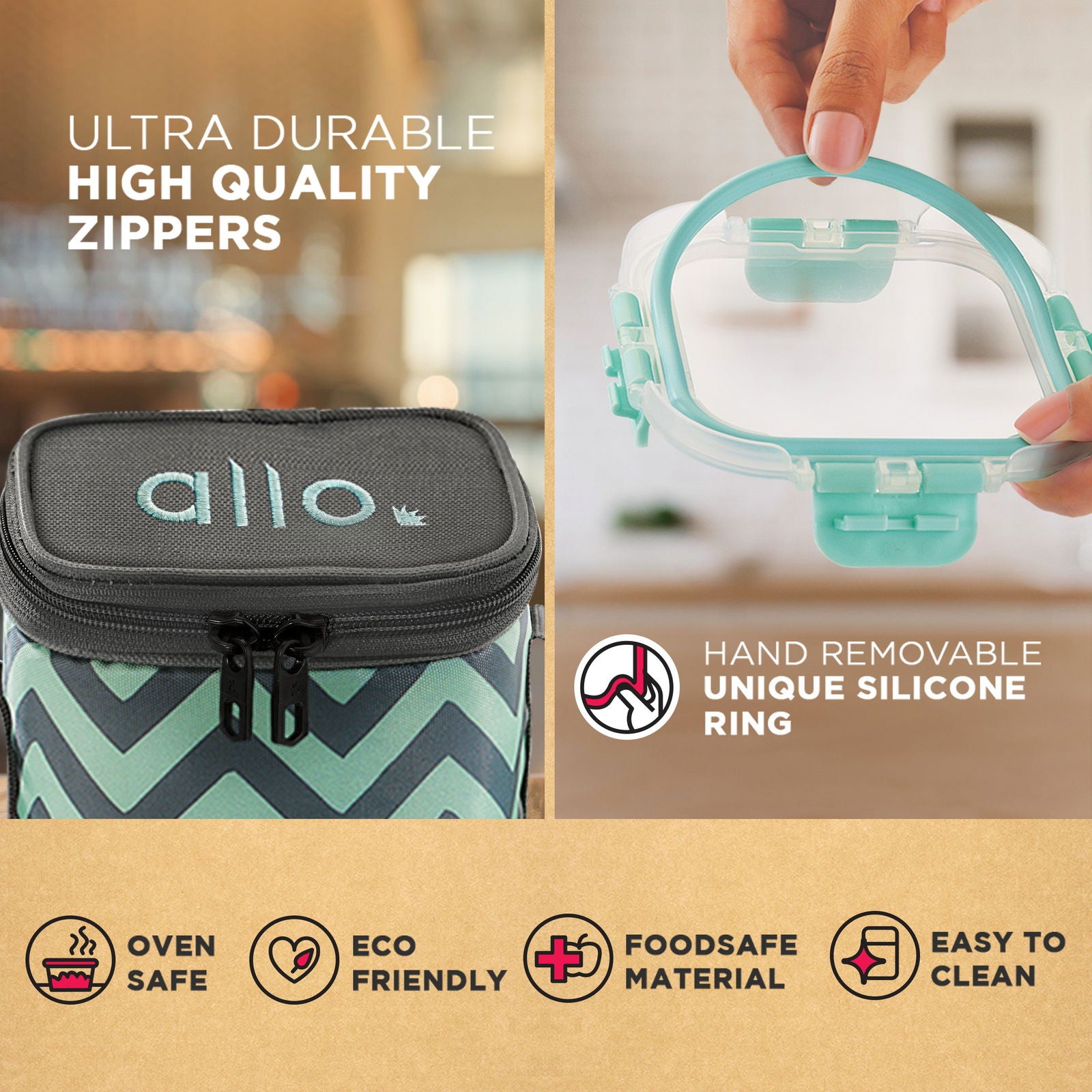 310ml x 2 Allo FoodSafe Microwave Oven Safe Glass Lunch box with Break Free Detachable Lock with Chevron Mint Bag Tiffin - Allo Innoware