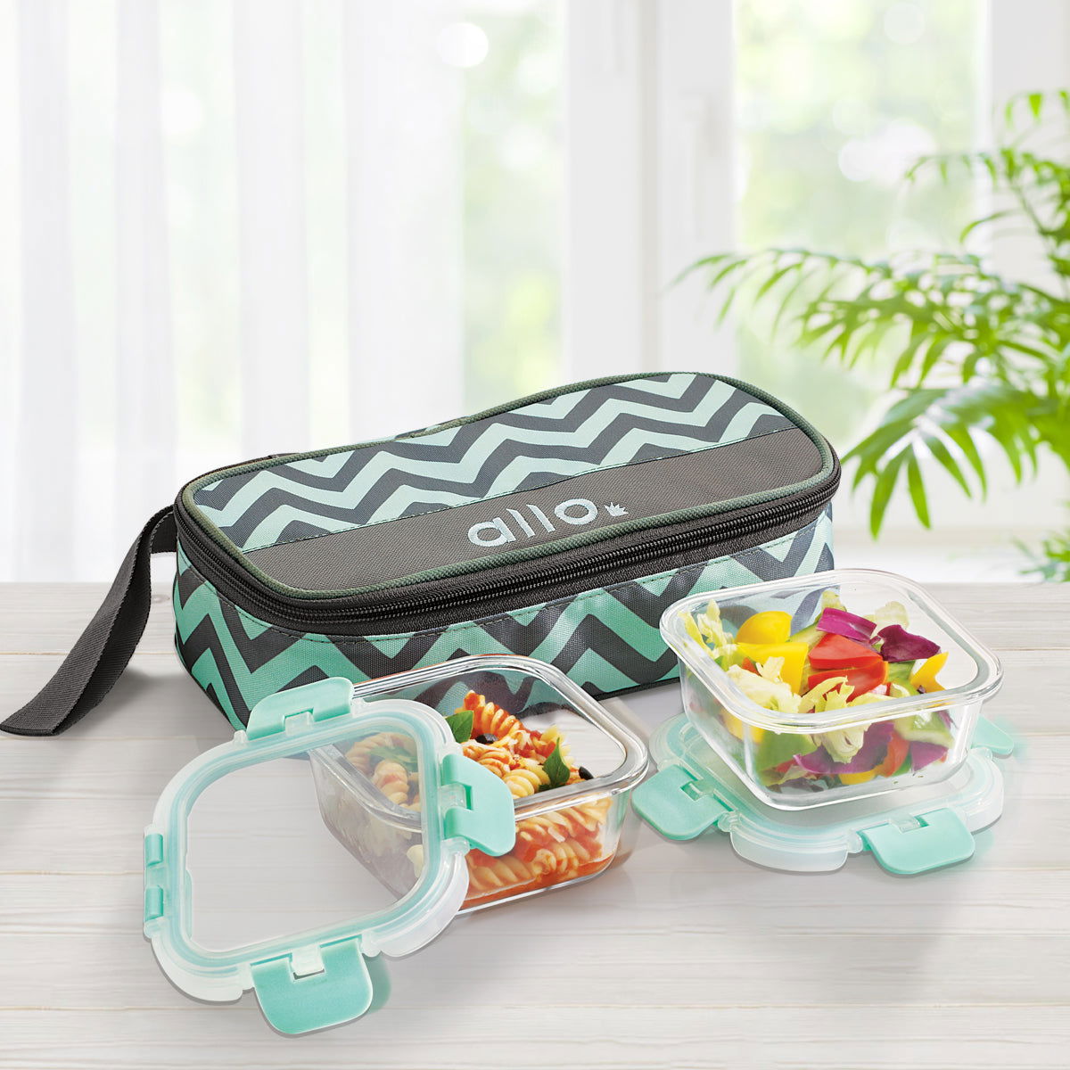 310ml x 2 Allo FoodSafe Microwave Oven Safe Glass Lunch box with Break Free Detachable Lock with Chevron Mint Bag Tiffin - Allo Innoware