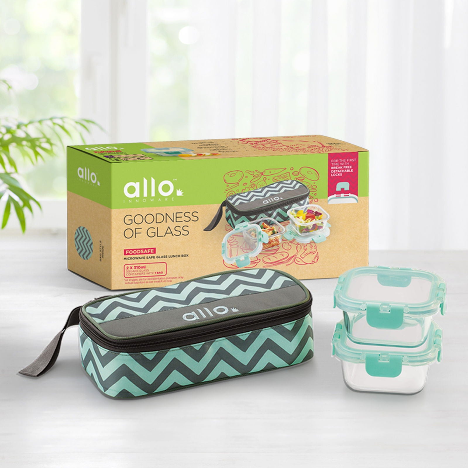 310ml x 2 Allo FoodSafe Microwave Oven Safe Glass Lunch box with Break Free Detachable Lock with Chevron Mint Bag Tiffin - Allo Innoware