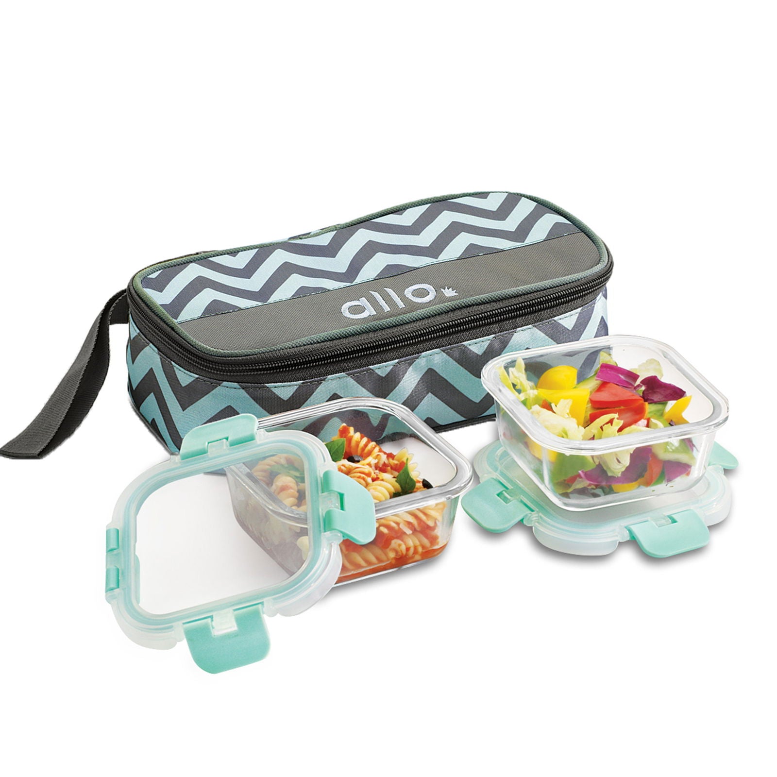 310ml x 2 Allo FoodSafe Microwave Oven Safe Glass Lunch box with Break Free Detachable Lock with Chevron Mint Bag Tiffin - Allo Innoware